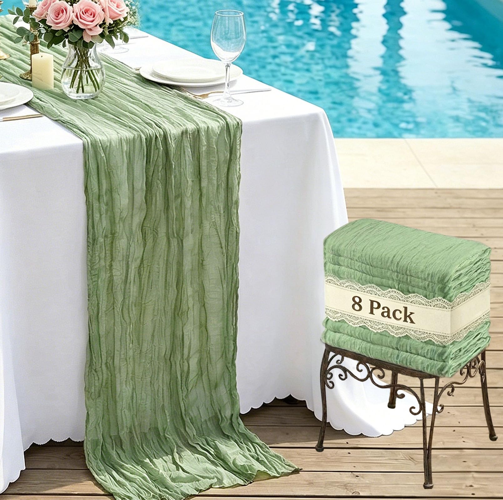 FAVE 8 stück Tischläufer Salbeigrün 300 cm aus Mullstoff, Babybauchfeier Hochzeitsdeko, Gauze Tischdeko für Boho Party, Bankett Tischdekoration