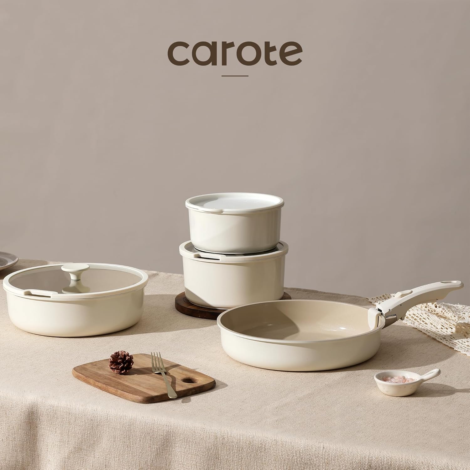 CAROTE 21pcs Detachable Handle Pots and Pan Set, Ceramic Nonstick Induction Cookware, Removable Handle, RV Oven Safe Cookware, Beige