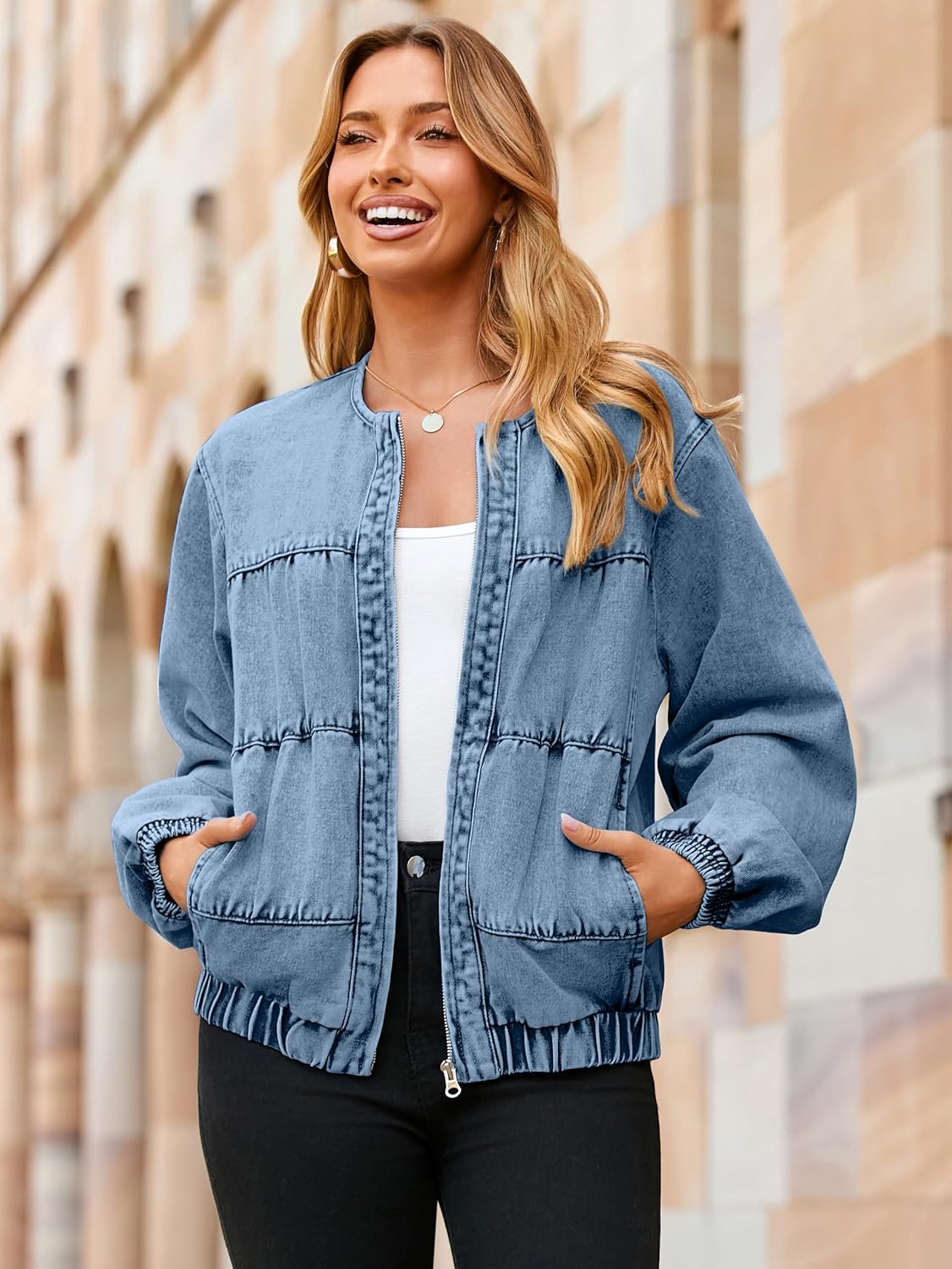 Glamaker Womens Denim Bomber Jacket Trendy Casual Zip Up Crew Neck Long Sleeve Loose Fit Jean Jacket Fall Outfits - Image 3