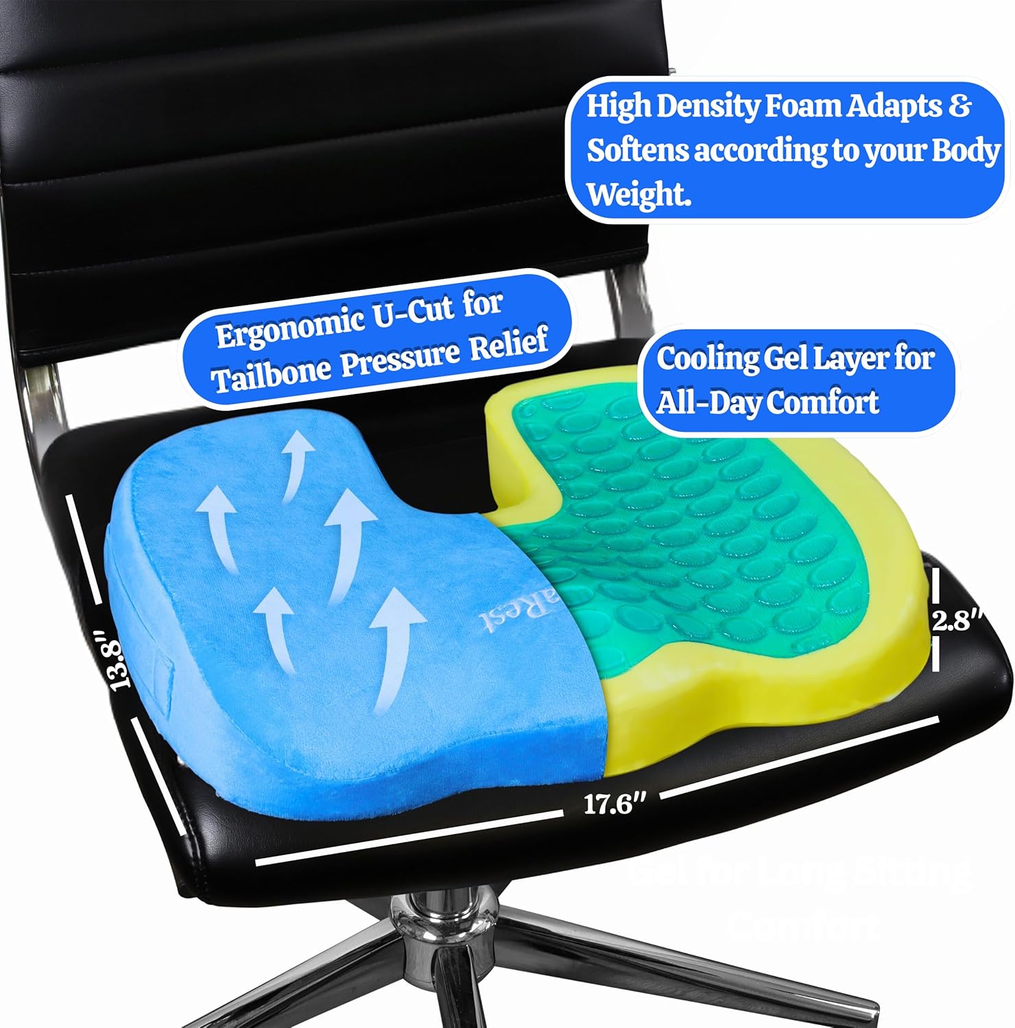 LuminaRest® Gel Seat Cushion for Long Sitting – CertiPUR-US® Certified Memory Foam – Tailbone Pain Relief Cushion, Adaptable for Office, Car, Airplane & Wheelchair – (Blue)