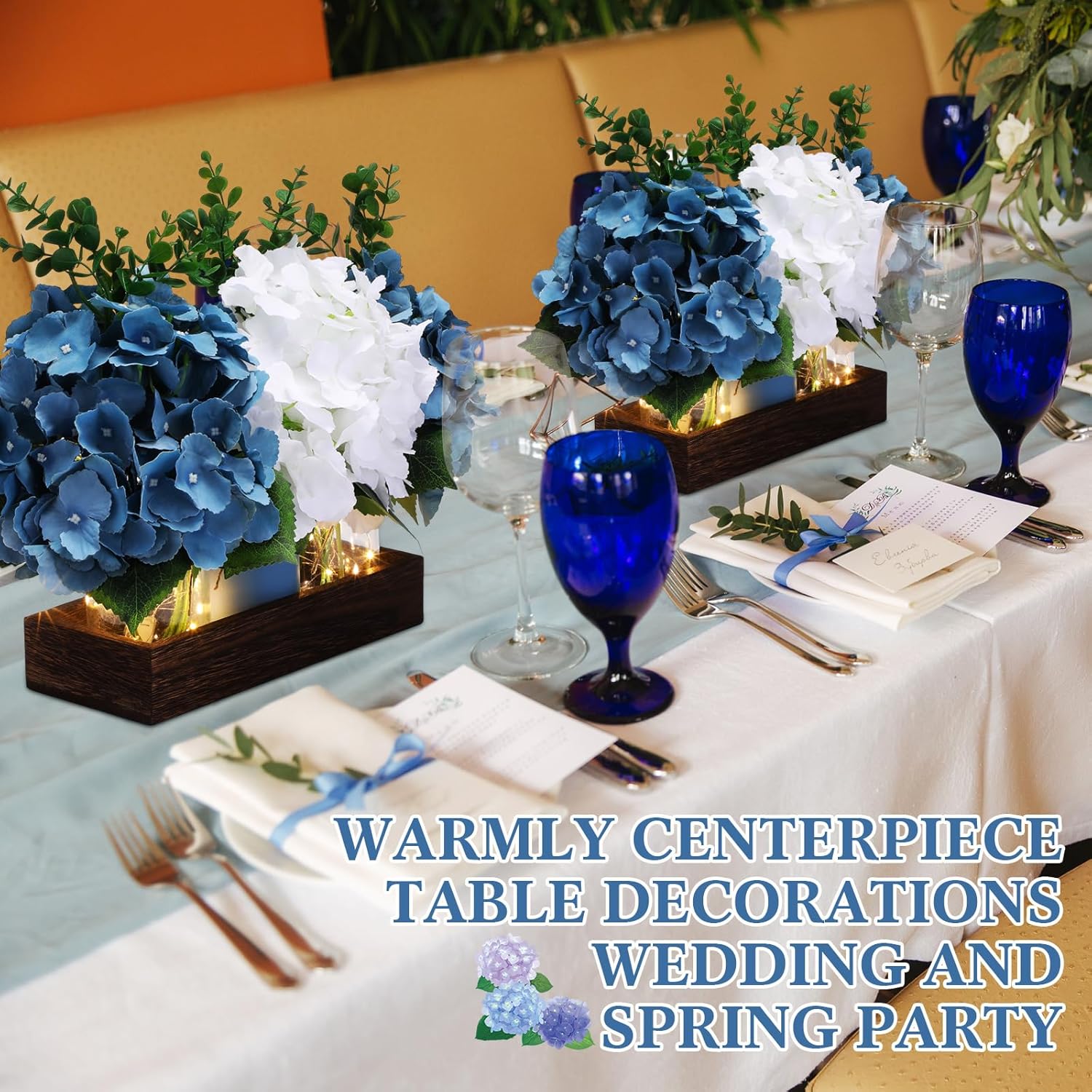 Suncalla 3 Pcs Hydrangea Centerpiece for Table Blue and White Artificial Hydrangea Flowers Mason Jar Table Decor with Eucalyptus Stems Wood Tray and LED Light for Spring Mothers Day Wedding Farmhouse