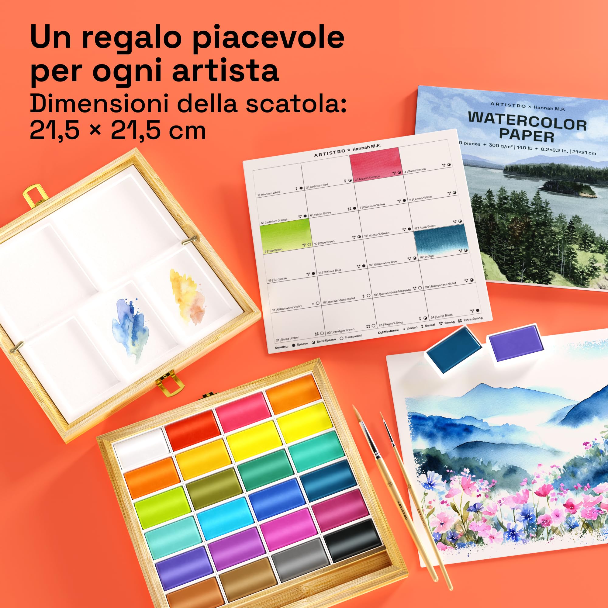 Artistro x HANNAH M.P Set di pittura ad acquerello in edizione limitata - 24 colori in scatola di legno di bambù (padelle XL da 6 ml) - 2 pennelli, carta per acquerello, vassoio di miscelazione - Set