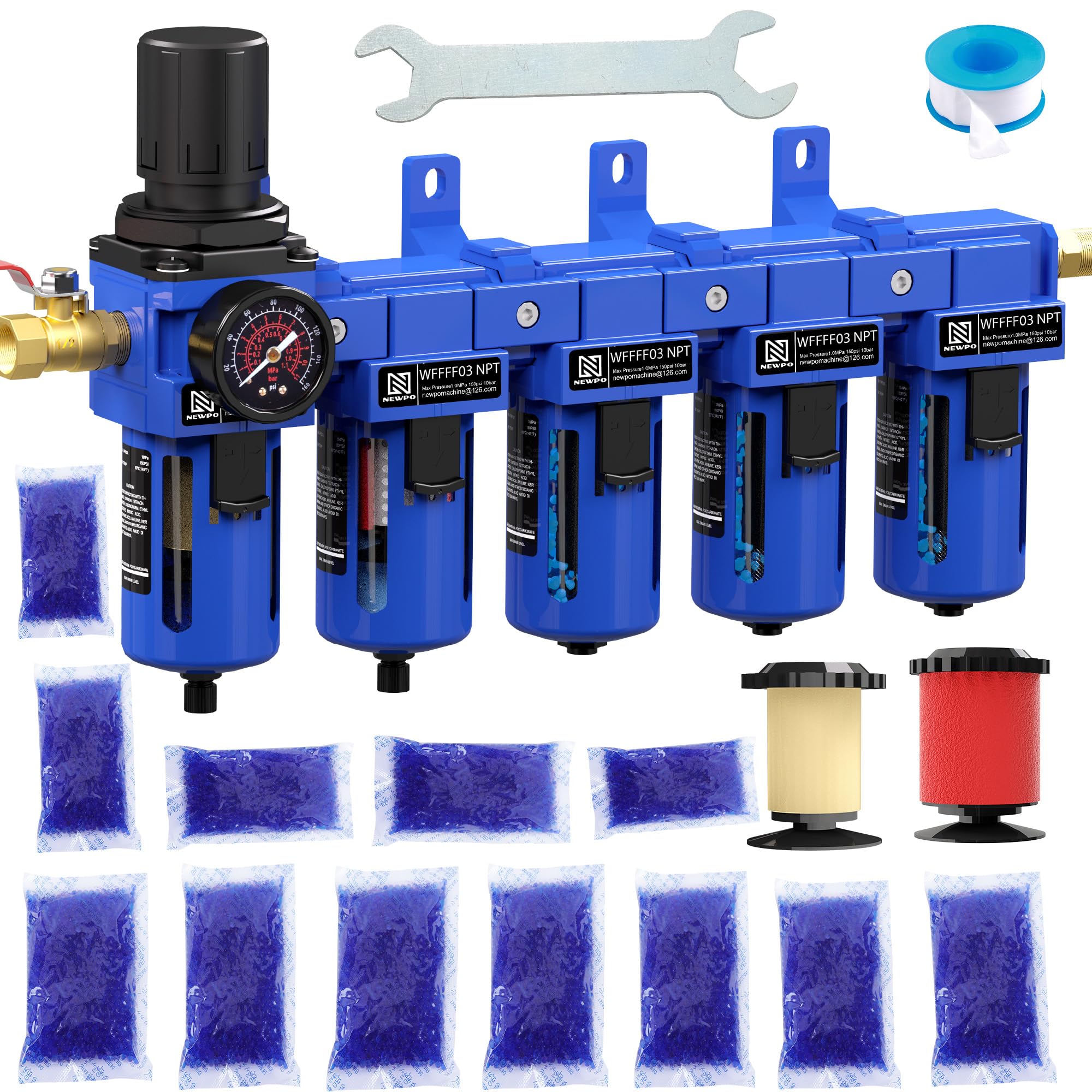 NEWPO Essiccatore d'aria NPT a 5 stadi da 3/8" per compressore, filtro in ottone e filtro a coalescenza, sistema di asciugatura dell'aria a triplo essiccatore essiccante, regolatore di pressione