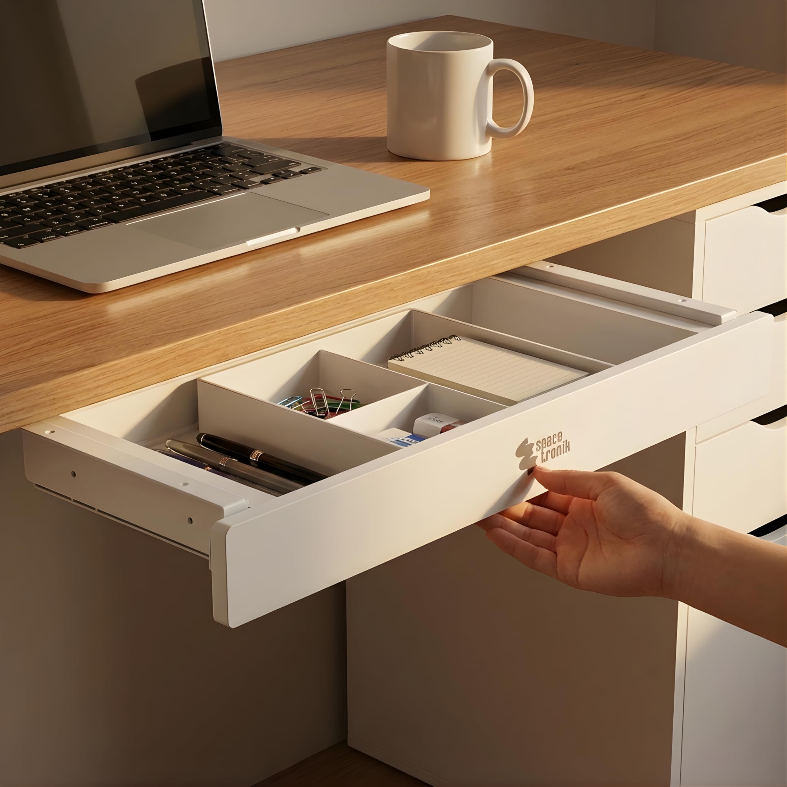 Spacetronik Cassetto sotto scrivania bianco, cassetto sottopiano con 5 scomparti, robusto cassetto inferiore, 718 x 230 x 61 mm, portata 5 kg, per ufficio, home office