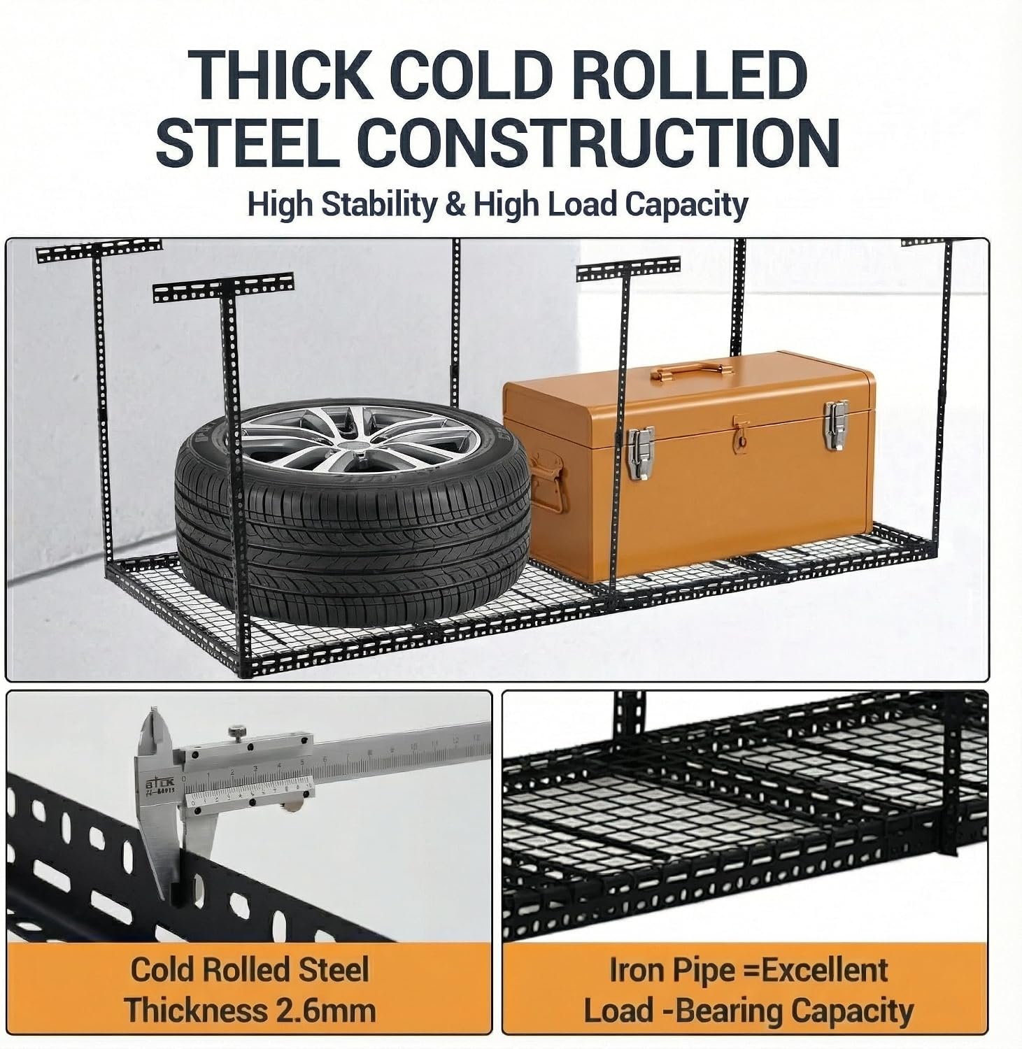 8x4FT Overhead Garage Storage Rack, Adjustable Ceiling Mounted Rack (22"-40" Drop), 660 Lbs Heavy Duty Cold Rolled Steel Shelving with 3x Sturdier Grid, for Tools/Bins/Seasonal Gear