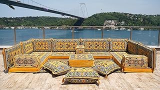 U Shaped Floor Cushions, Yellow Arabic Majlis Set, Floor Sofa Set, Pallet Sofa, Ethnic Sofa,Arabic Jalsa, Moroccan Sofas, Sectional Sofas, Ottoman (U Sofa + Rug)