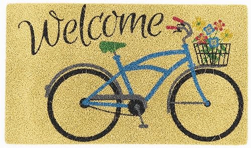 Bicicleta de bienvenida con flores, felpudo de fibra de coco natural, parte trasera antideslizante