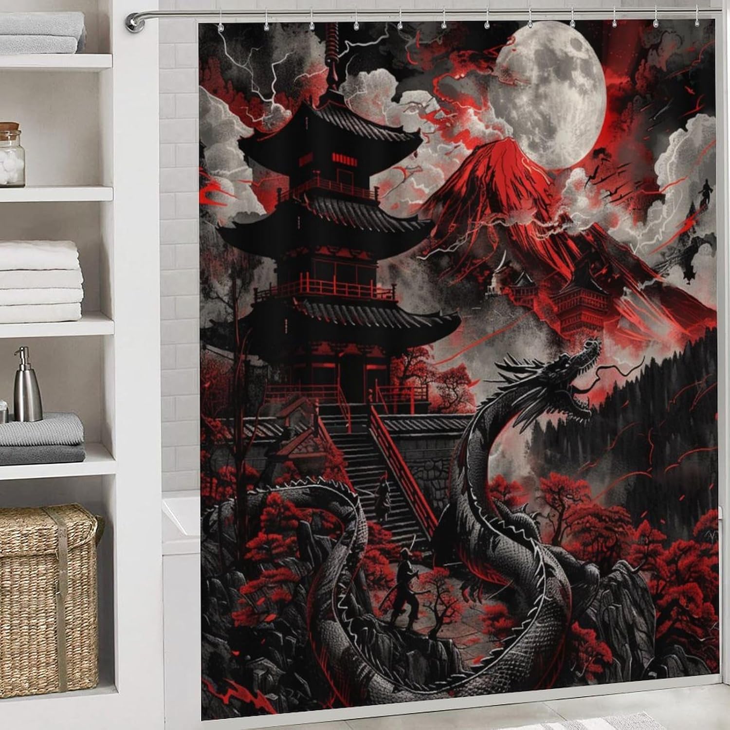 4Pcs Asian Dragon Shower Curtain Set with Rugs, Toilet Lid Cover and Bath Mat, Japanese Red Tree Forest Mountain Samurai Pagoda Bathroom Curtains Decor Shower Curtains, 72" x 72"