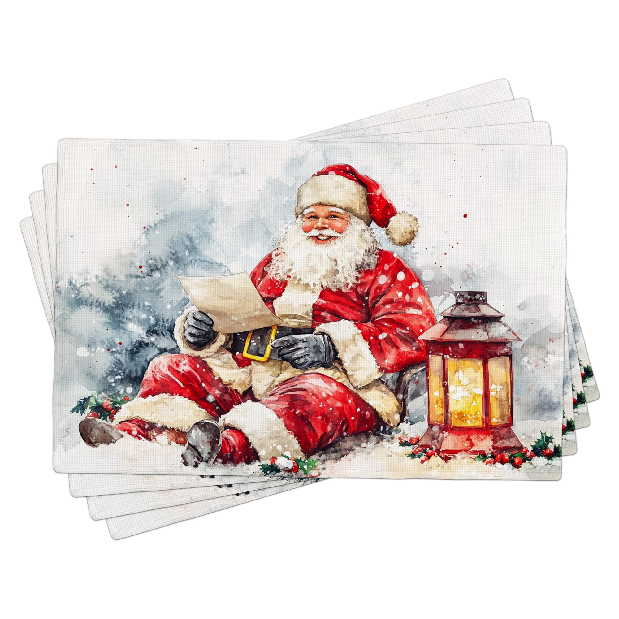 Christmas Santa Claus Placemats Set of 4, Red Holiday Dining Table Place mats for Winter Decor, Washable Indoor Outdoor Xmas Decorative Cloth Placemats 18x12 Inch