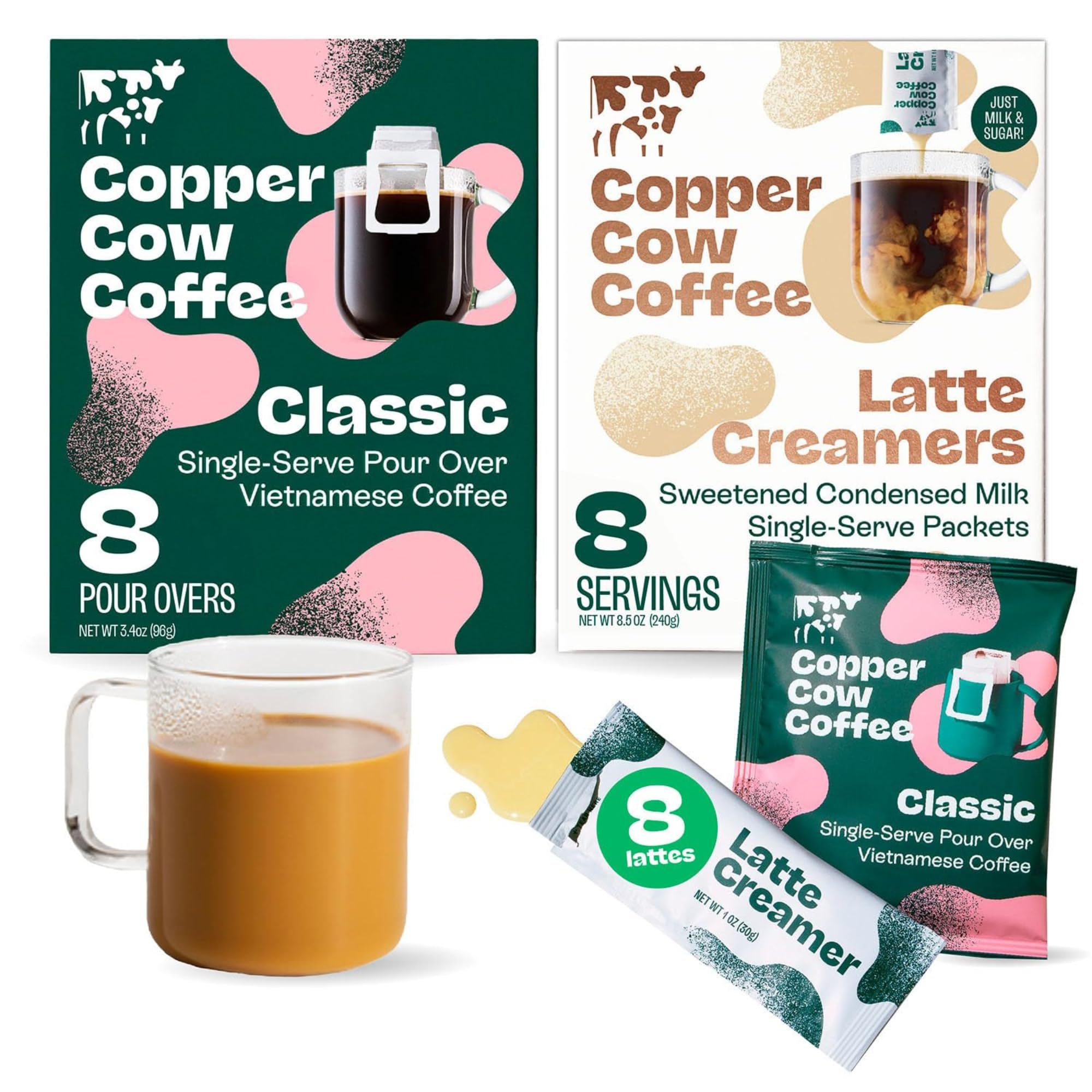 Copper Cow Coffee Pour Over Vietnamese Coffee Pouches + Sweetened Condensed Milk Creamers (8 Coffees & 8 Milk Creamers) | Classic Black Lattes, No Refrigeration Needed, Travel Friendly Ground Coffee