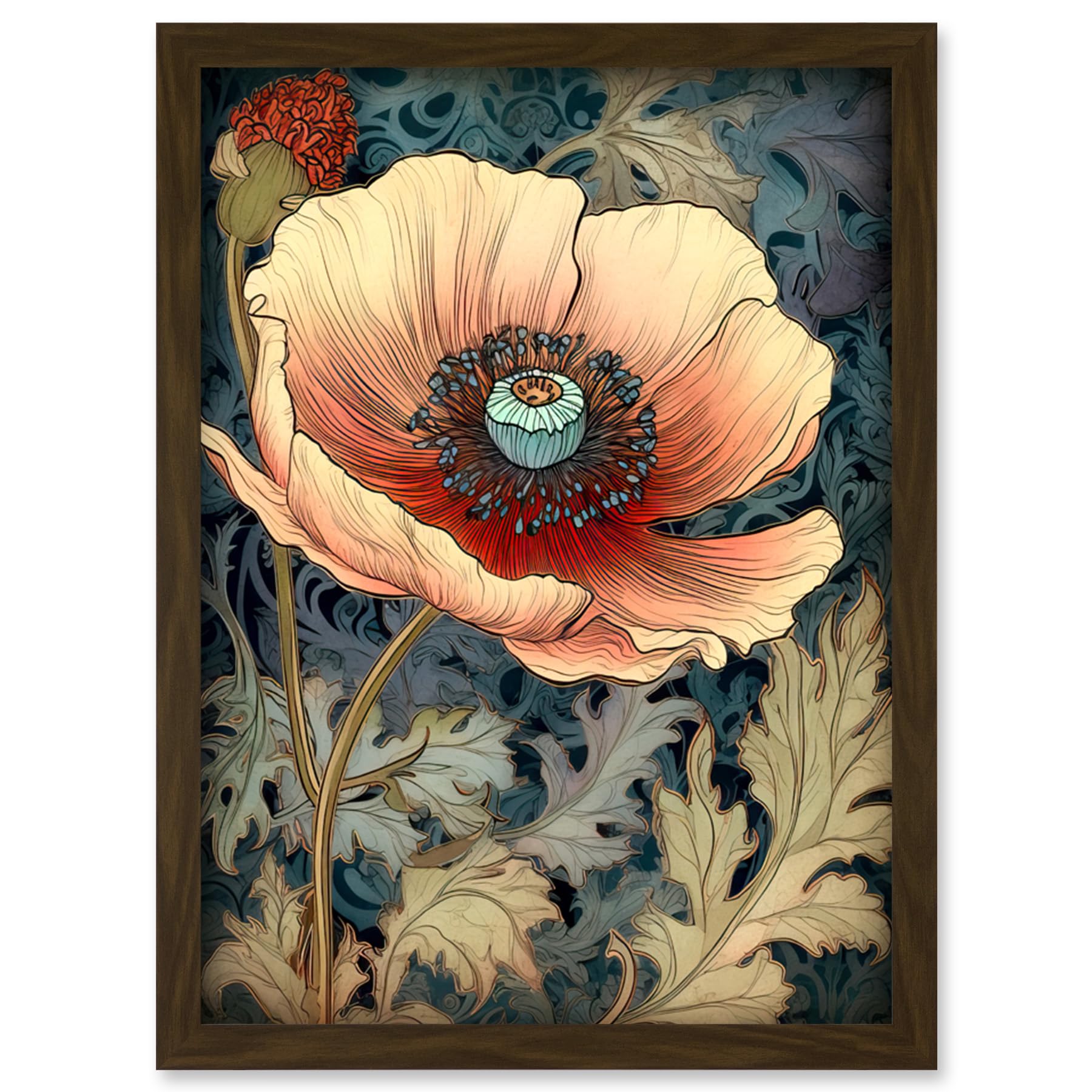Artery8 William Morris Style Peach Anemone Flower Bloom Artwork Framed Wall Art Print A4