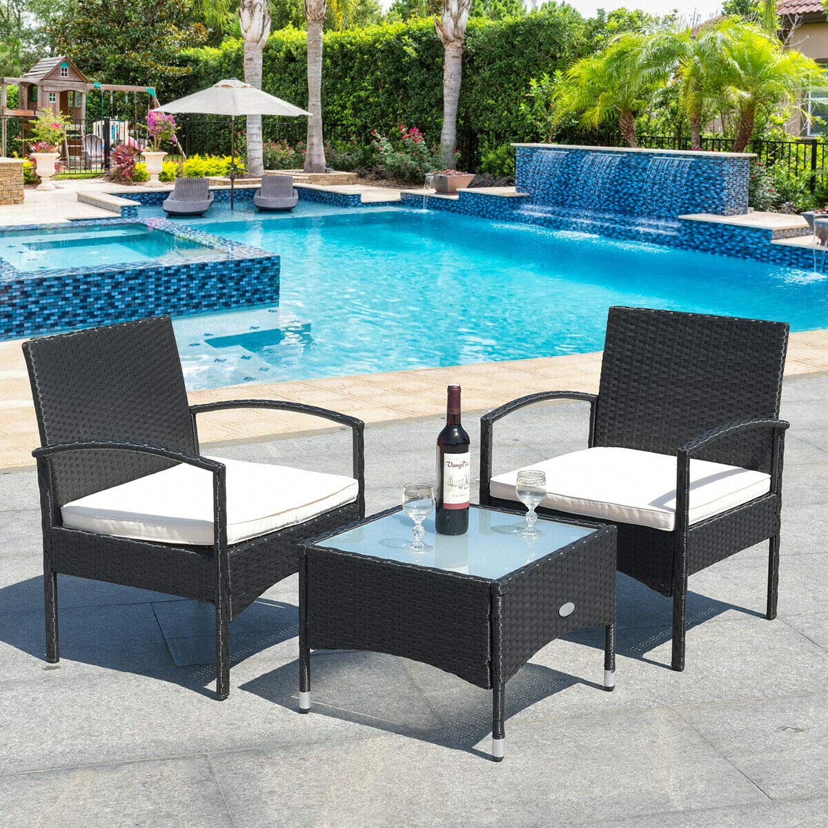 Juego de 3 muebles de mimbre para patio, sofá de ratán al aire libre y mesa de centro de cristal, juego de mesa de mimbre bistró con cojín suave para patio, jardín, césped, patio trasero junto a la piscina 2