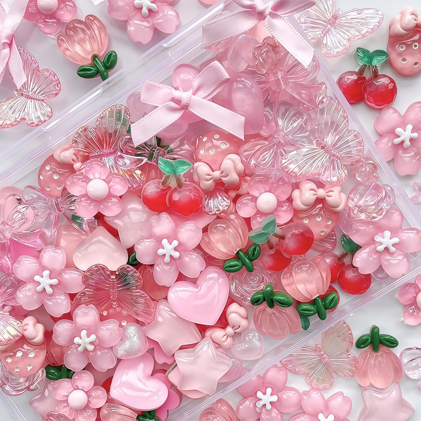 AstraGlam 60 Pcs Case Charms Kit, Slime Charms for Y2K Aesthetic Bow, 3D Pink Phone Case Making, Girly Coquette DIY Craft Accessories
