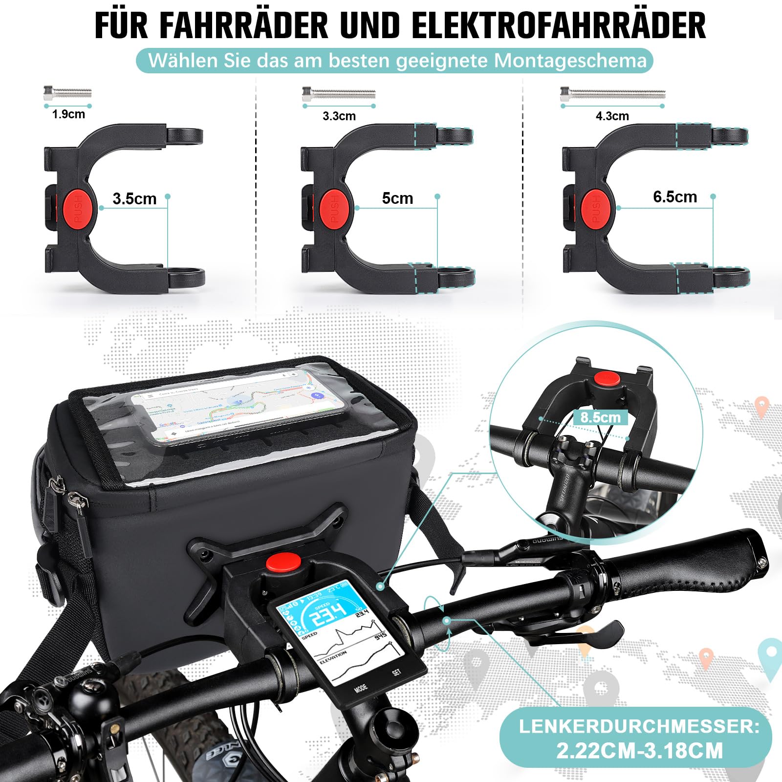 GXCROR Sacoche de guidon de vélo 4,7 l avec ouverture rapide | Support stable pour la ville et le trekking | Imperméable + compartiment pour téléphone portable + porte-gobelet