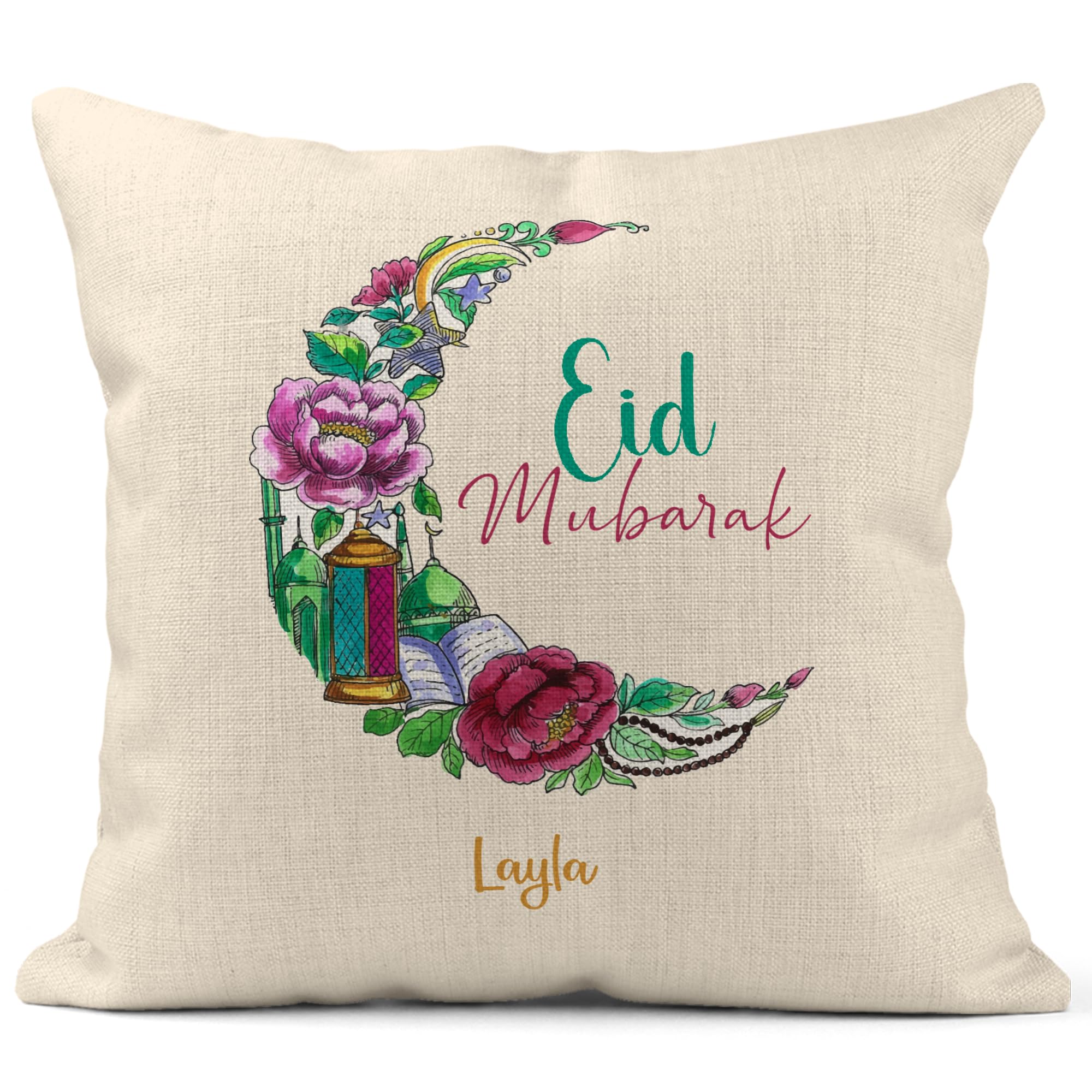 Print Maniacs Aqua Cushion With Personalised Name - Eid Mubarak - Islamic Ramadan Home Decor Throw Pillow Case Gift For Eid Al-Fitr & Eid Al-Adha Parties, Mosque & Crescent Moon Design