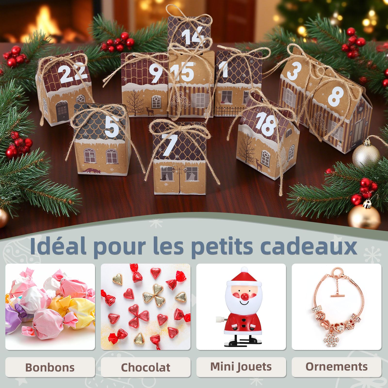GWHOLE Calendrier de l'Avent Vide a Remplir Soi Meme, 24pcs Boite Calendrier de l'avent Maison Reutilisable en Papier Kraft pour DIY Cadeau Mural Décoration Sapin Noel