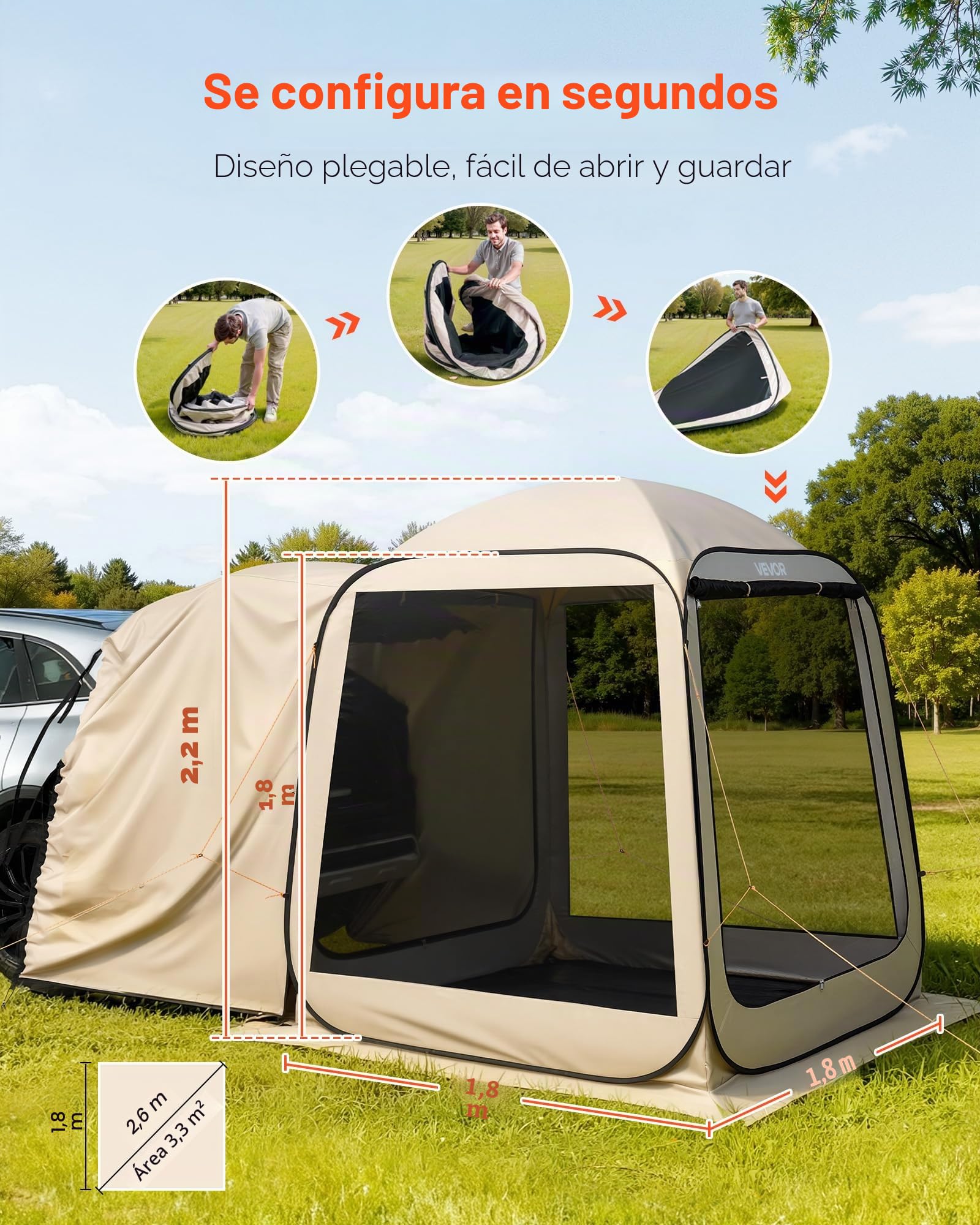 VEVOR Tienda de Campaña con Mosquitera, 1825 x 1825 x 2200 mm, 4-6 Personas, Plegable, para Portón Trasero SUV, con Bolsa de Transporte, Laterales de Malla, para Actividades al Aire Libre, Beige