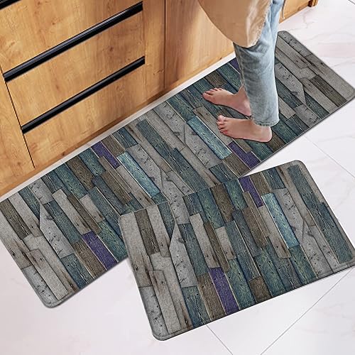 Miniatura 5 de Juego de 2 tapetes de cocina rústicos antifatiga para piso, juego de alfombras vintage de madera antigua, absorbente para cocina, tapete absorbente