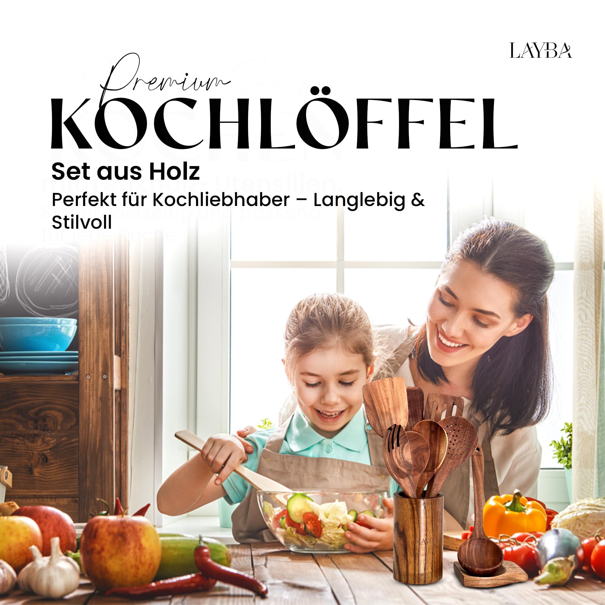 LAYBA Teakholz Küchenutensilien Set, Holz Küchenhelfer zum Kochen, Servieren, Wenden und Anrichten, Küchenutensil für Pfanne, Topf und Tisch