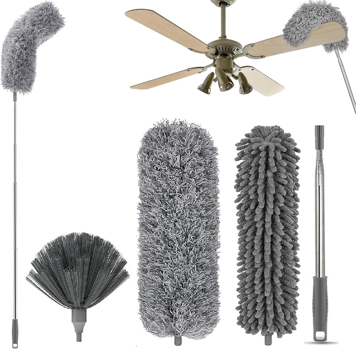 Sponsored Ad - Hallstatt 3 In 1 Long Handle Microfiber Feather Ceiling Duster With Extendable Pole 30-100 Inch With Anti Scratch Bendable Head For Cleaning High Cobweb Stick High Ceiling Fan - Stainless Steel,Grey