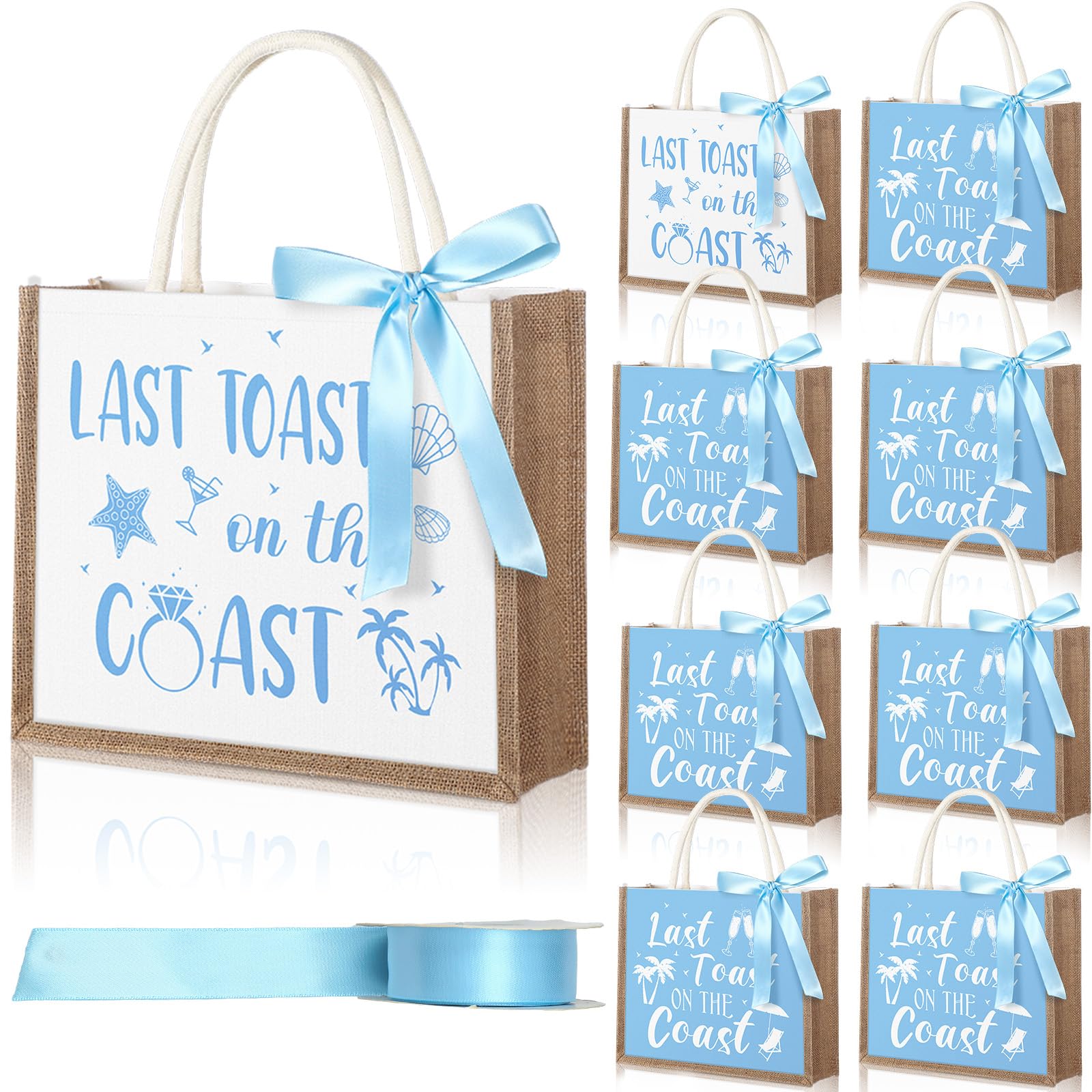 PerKoop 8 Pcs Last Toast on The Coast Bachelorette Beach Bags Bridesmaid Tote Reusable Bag with Blue Ribbon Linen Party Decor Bachelorette Party