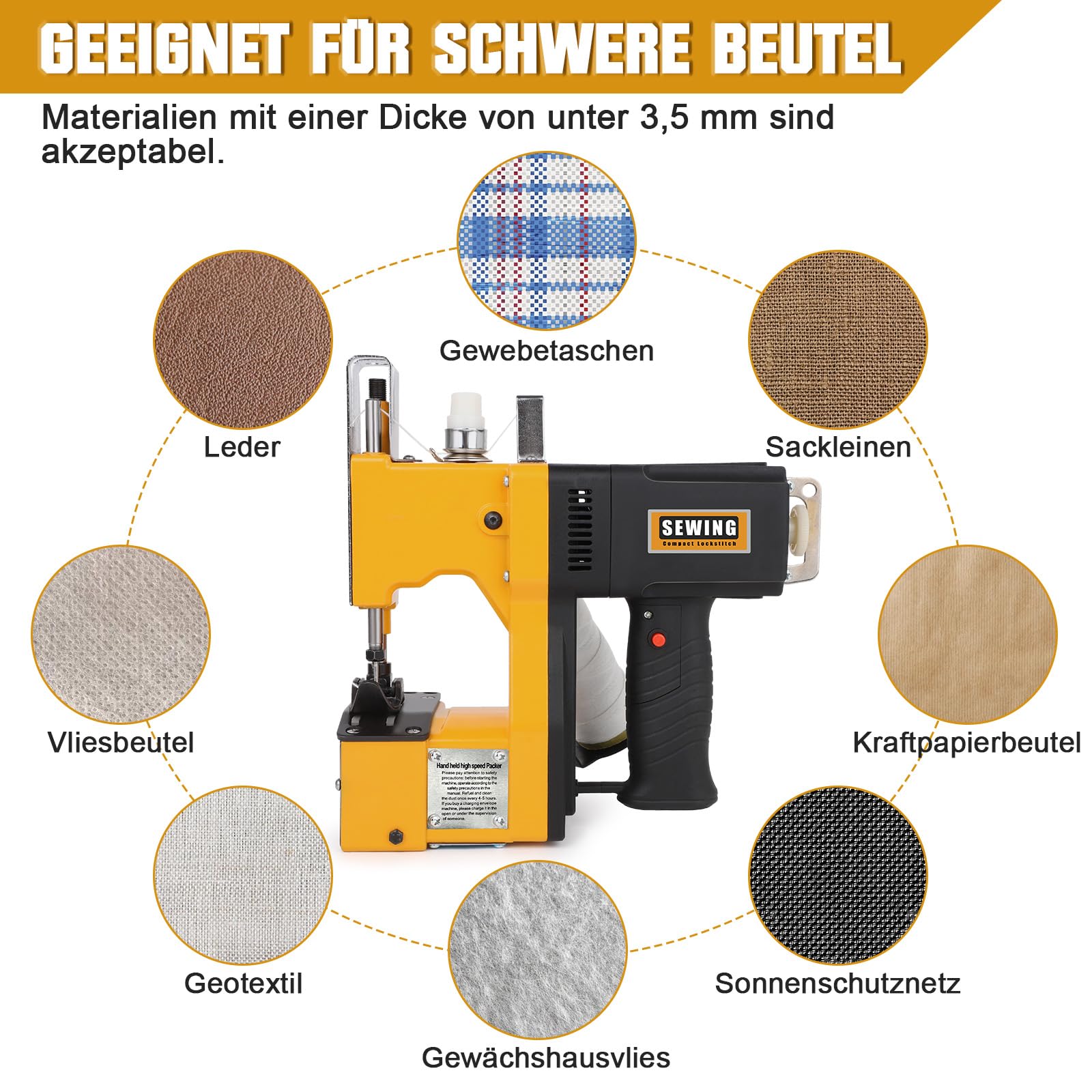 Machine à coudre portable 210 W Machine à coudre à la main Surjeteuse pour sac en tissu/sac en papier/sac de sable/sac en jute/sac à céréales/cuir