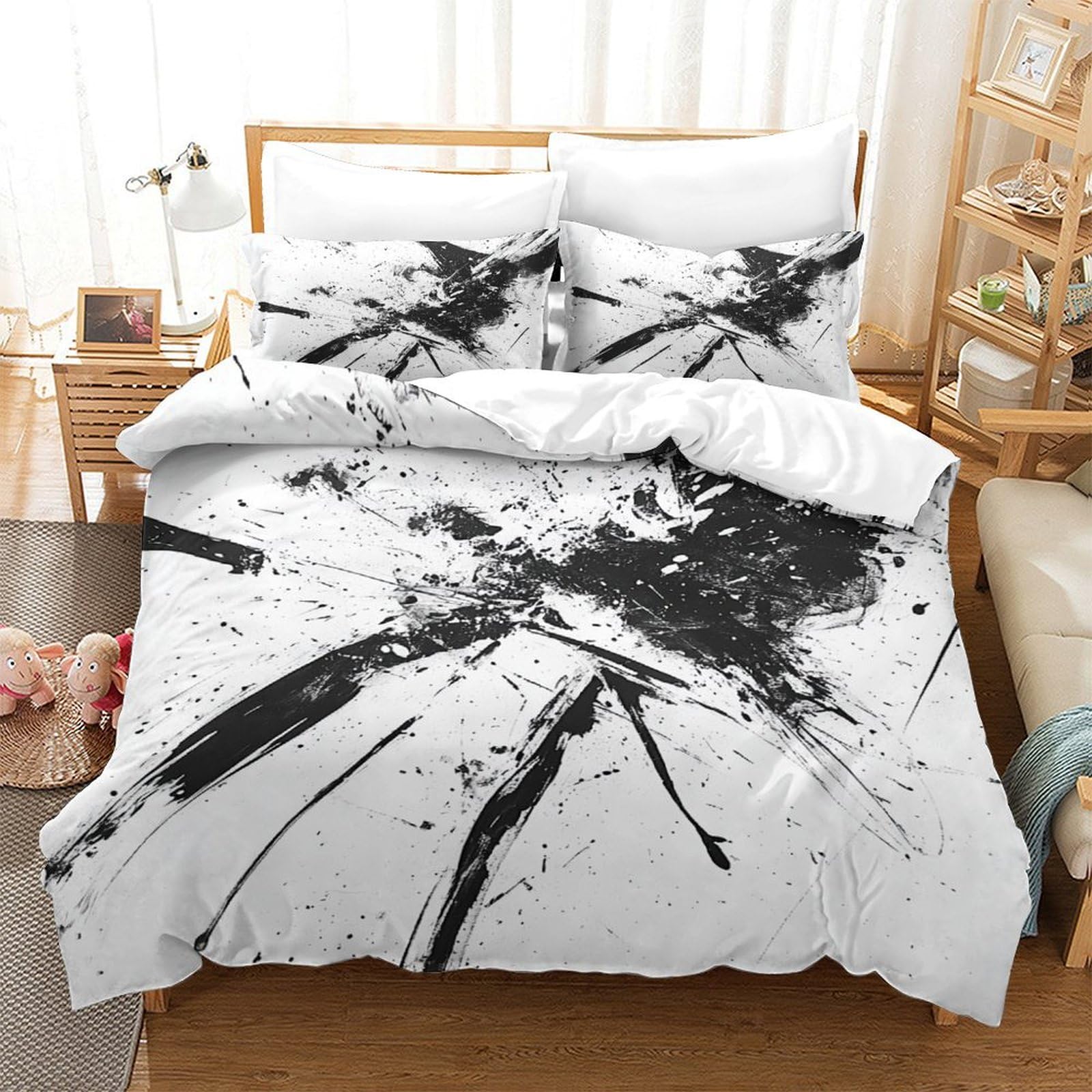 Black And White Simplicity3D Printed Quilt Cover Zipper Closure 3Pcs Bedding Cover Abstract Art ﻿ Microfiber for Home Enthusiasts Double（200x200cm）
