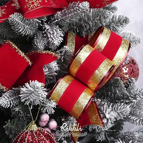 Miniatura 2 de Ribbli Cinta con alambre de purpurina dorada con rayas de terciopelo rojo de 2-12 pulgadas x cinta de Navidad continua de 10 yardas para lazo