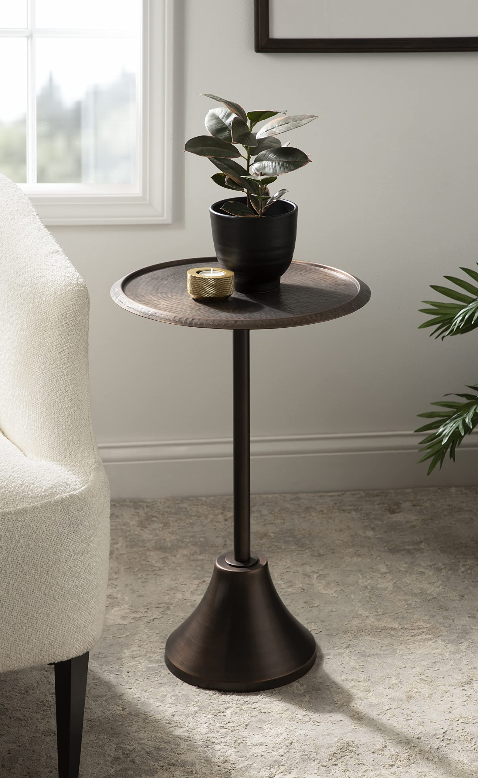 Kate and Laurel Sanzo Modern Pedestal Side Table, 15 x 15 x 24, Bronze, Decorative End Table with Hammered Tabletop for Use as a Bedroom Nightstand or Living Room Accent