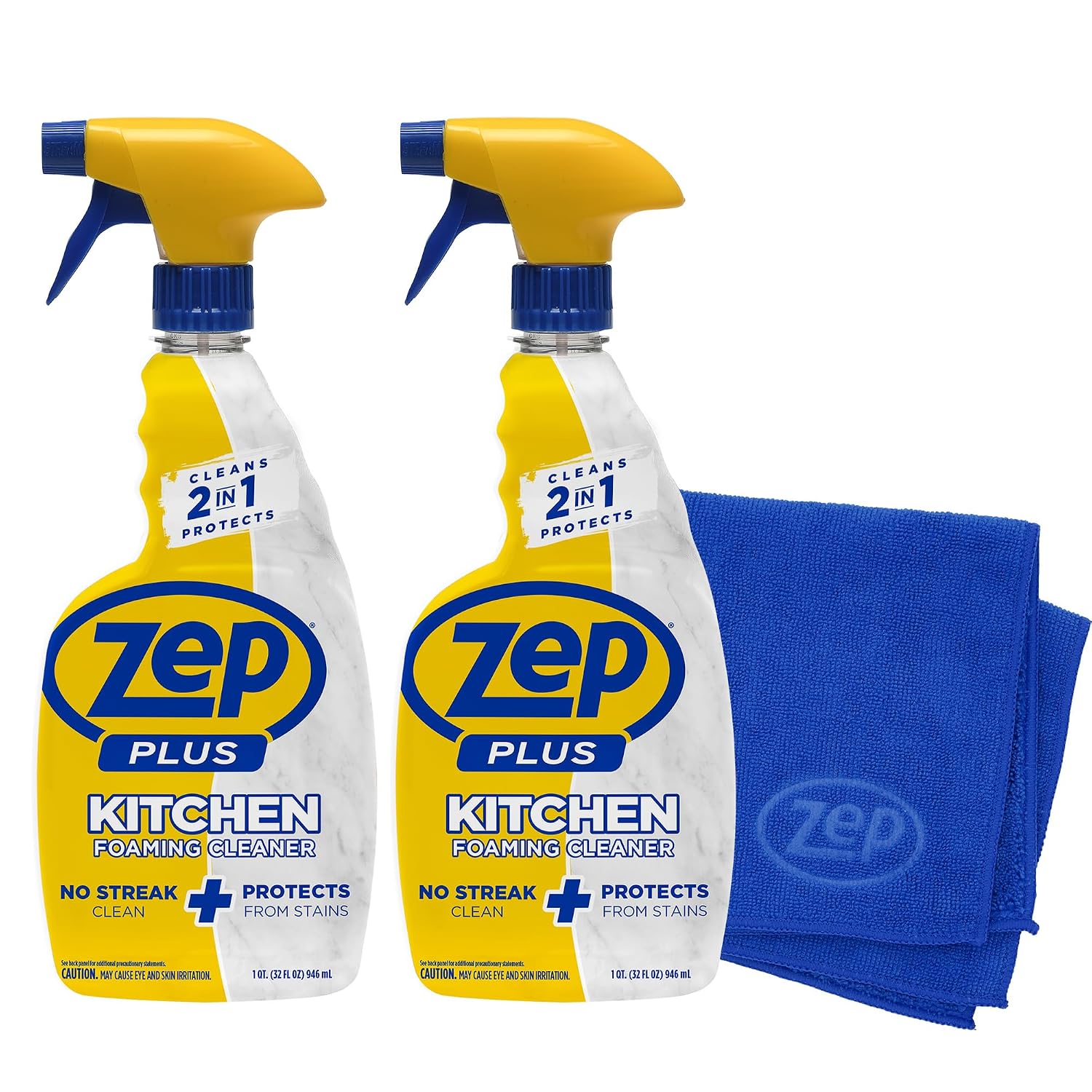 Zep Plus Foaming Kitchen Cleaner 32 oz (2 Units) & a Blue Microfiber Rag ECBD024-2-Pack No-Streak Cleaner for Kitchen Countertops Backsplashes and Appliances