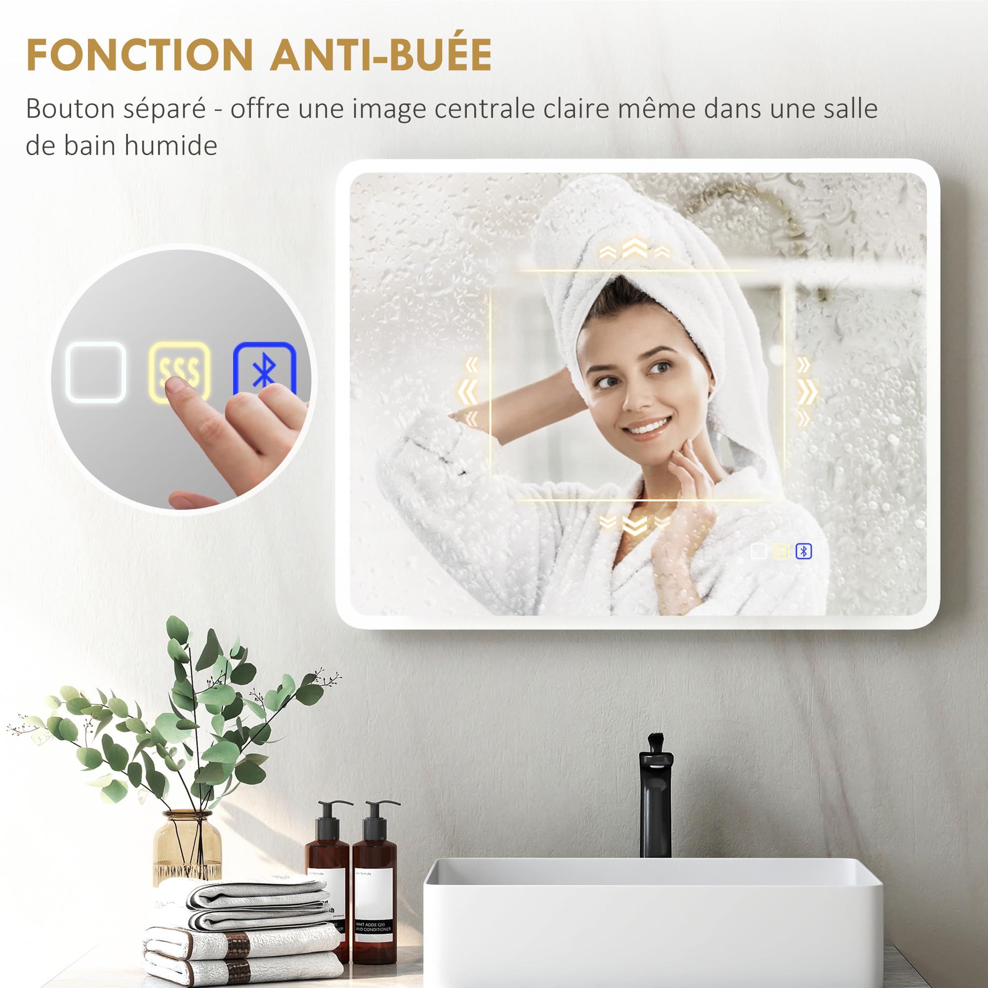 HOMCOM Miroir Salle de Bain Bluetooth 70 x 90 cm, Miroir Lumineux Salle de Bain Mural avec éclairage LED, Interrupteur Tactile, lumière réglable 3 Couleurs, Anti-buée, mémoire - Argent