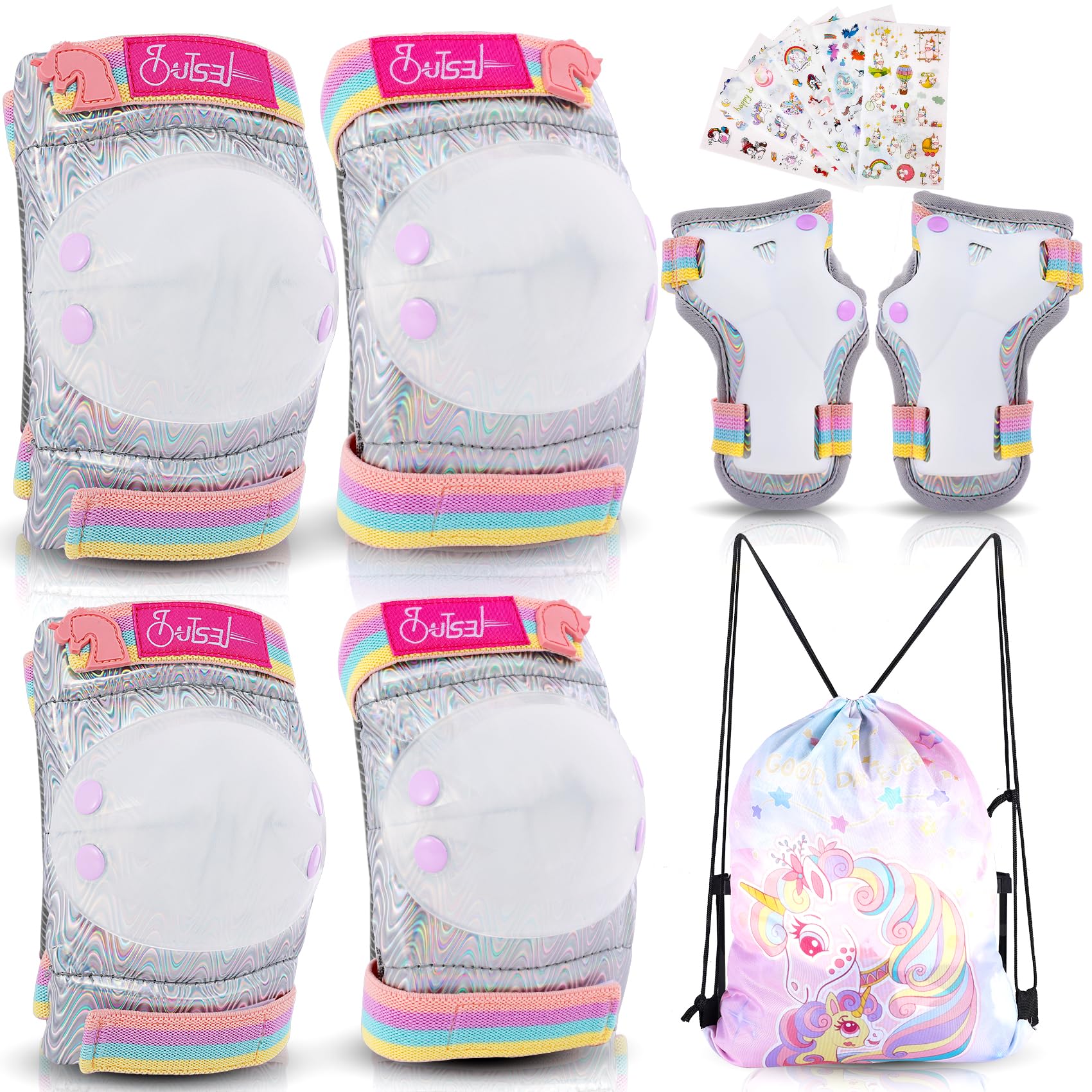 TOUTSEUL Girls Knee Pads and Elbow Pads Set Kids Unicorn Protective Gear for Roller Skates Cycling Bmx Bike Skateboard Inline Rollerblading, Skating Skatings Scooter Riding Sport(Silver C)