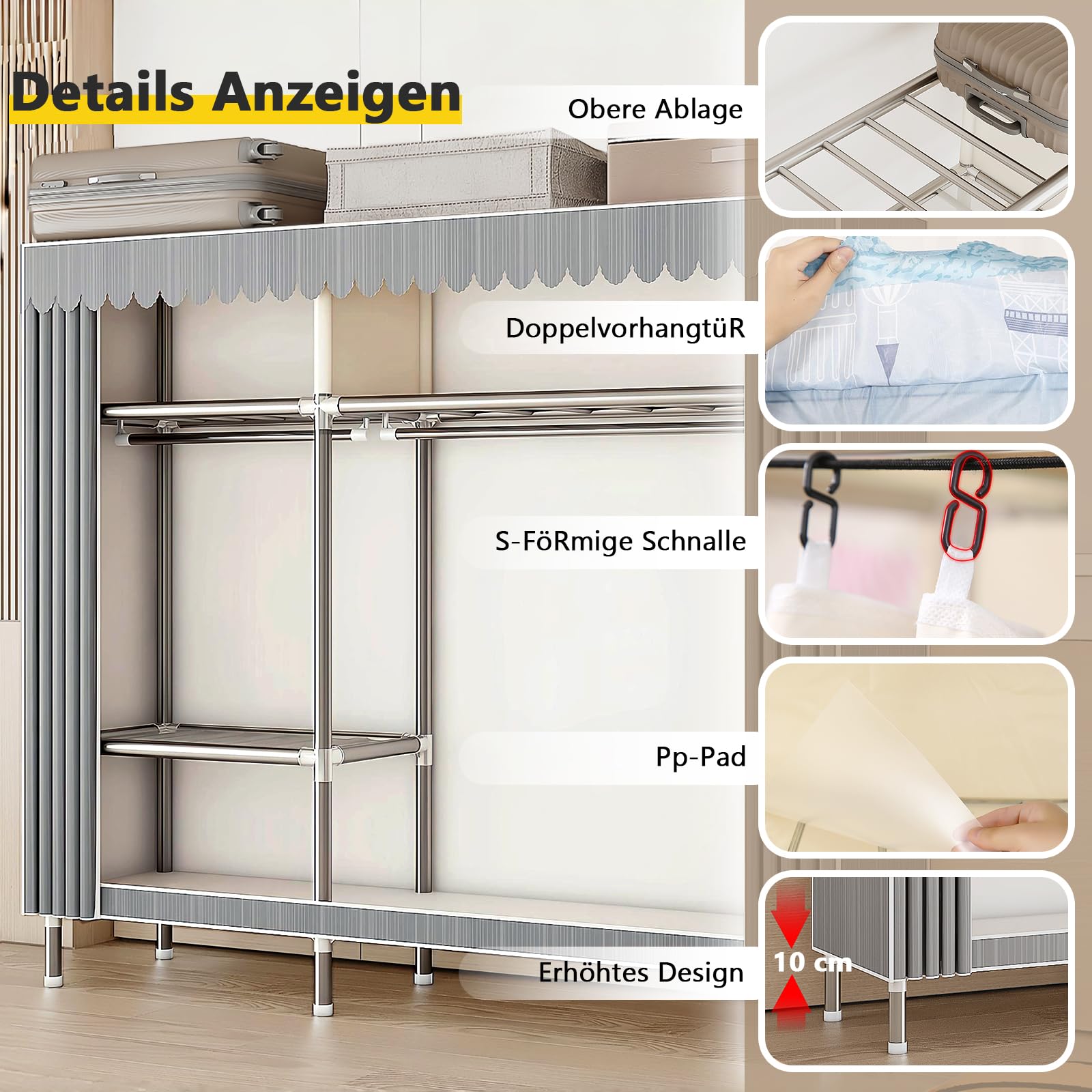 Kleiderschrank Stoffschrank Stabil, Stoff Faltschrank Für Schlafzimmer Mit Kleiderstange & Ablagen, Ankleidezimmer Garderobe Mit Kleiderständer 126x46x173cm Graue Streifen
