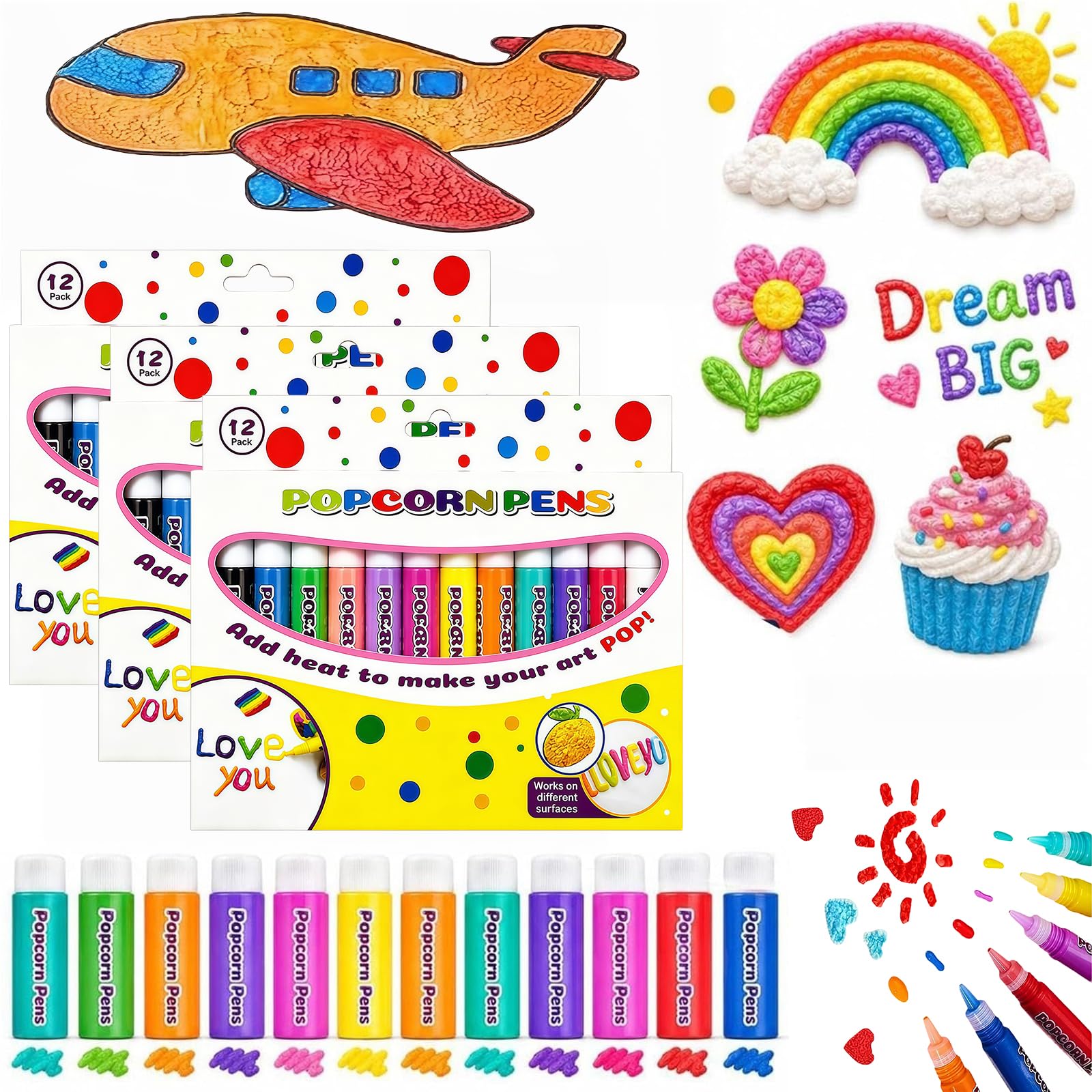 36 PCS 3D Popcorn Pens for Kids 12 Vibrant Colours Heat Activated Puffy Pen