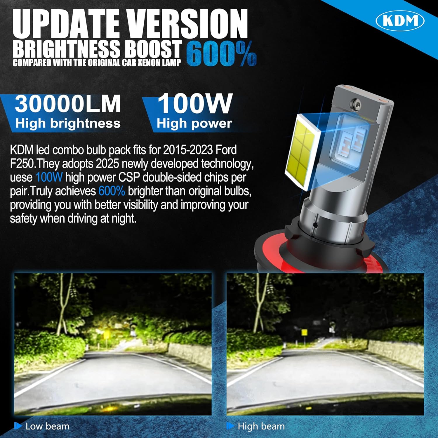 KDM Combo Bulbs Pack,100W High Power 600% Brightness CSP Chip Fit for Ford F250 F350 F450 Super Duty 2005-2022,6000K White High/Low Beam Fog Light Replacement Blubs,6 Pack