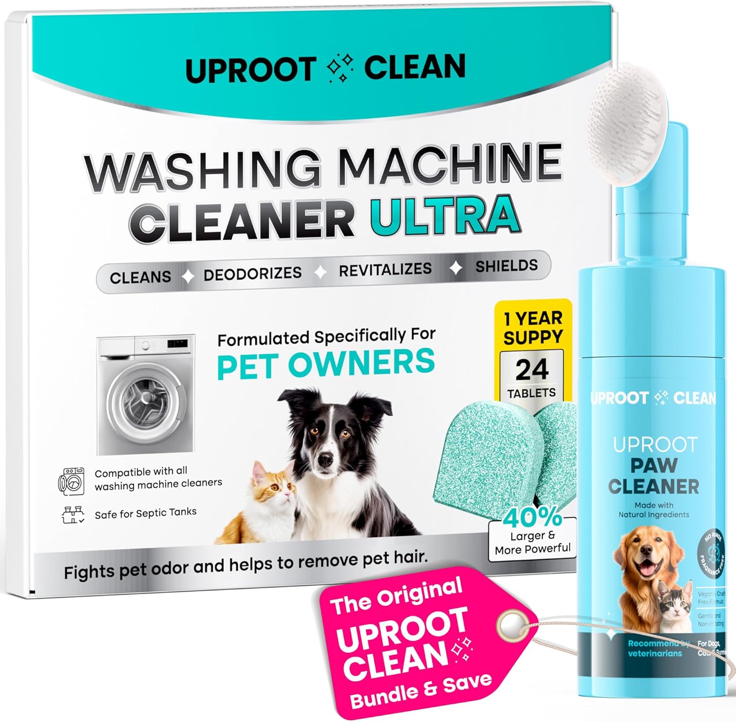 Uproot Clean Washing Machine Cleaner Tablets Ultra & Dog Paw Cleaner Set: 40% Stronger Tablets Removing Odors, Residue & Build-Up + No-Rinse Hypoallergenic Paw Washer with Soft Bristle Brush