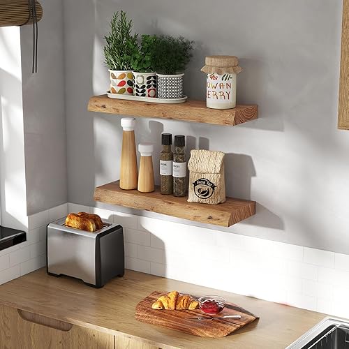 Miniatura 2 de Estantes flotantes de 24 pulgadas, estante flotante de madera maciza de olmo con borde vivo, estantes de exhibición montados en la pared con soporte