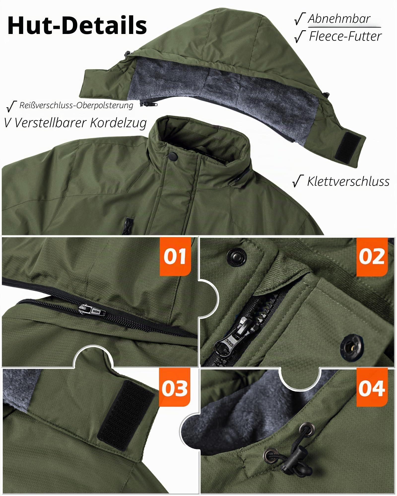 Tansozer Herren Winterjacke Winddicht Atmungsaktiv Wasserabweisend Gefüttert Wander Regenjacke, Armeegrün, M