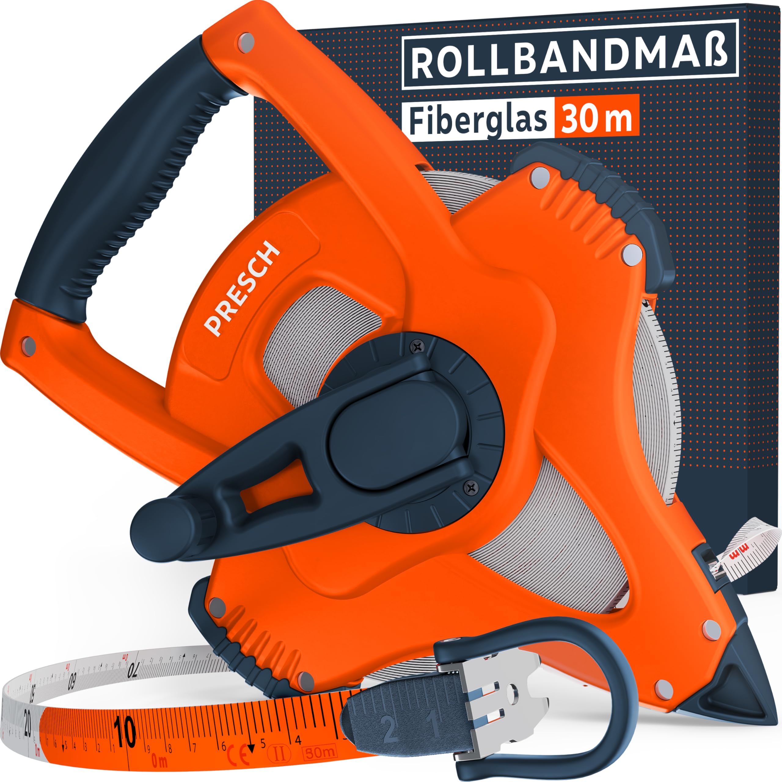 Presch Maßband 30m – Robustes Bandmaß mit 3:1 Getriebe für schnellen Rücklauf - Witterungsbeständiges Fiberglas Rollbandmaß - Perfekter Halt dank Kurbelarretierung & Multifunktionshaken