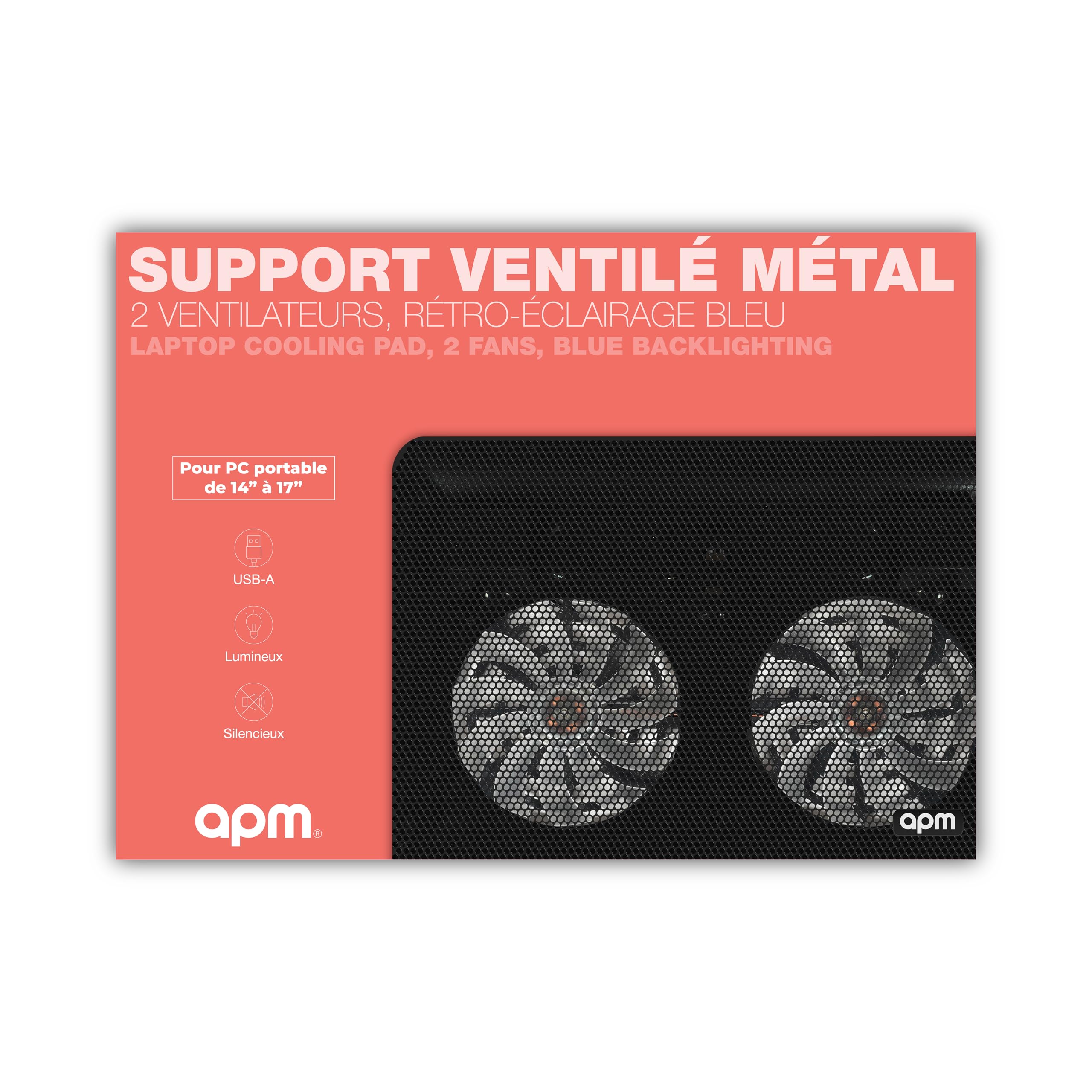Support Ventilé pour Ordinateur Portable 12"-17", 2 Ventilateurs Silencieux LED Bleue, Structure Métal Résistante, Hauteur Réglable