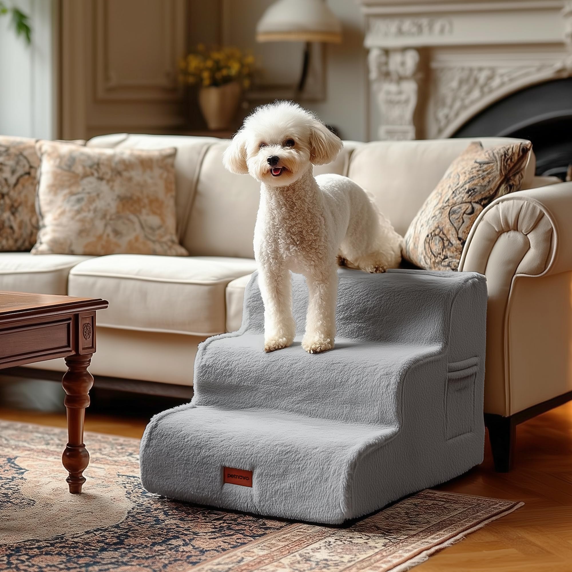 PETNOVO Scale per Cani e Gatti 3 Gradini, per Animali Domestici in Finta Pelliccia Morbida, Rivestimento Lavabile OEKO-TEX, Base Antiscivolo per Letto e Divano, per Cani Piccoli e Gatti, Grigio