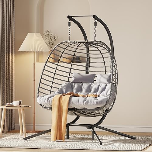 Miniatura 2 de Silla colgante doble con soporte, hamaca de patio con cojín para dormitorio, balcón, jardín, interior, exterior