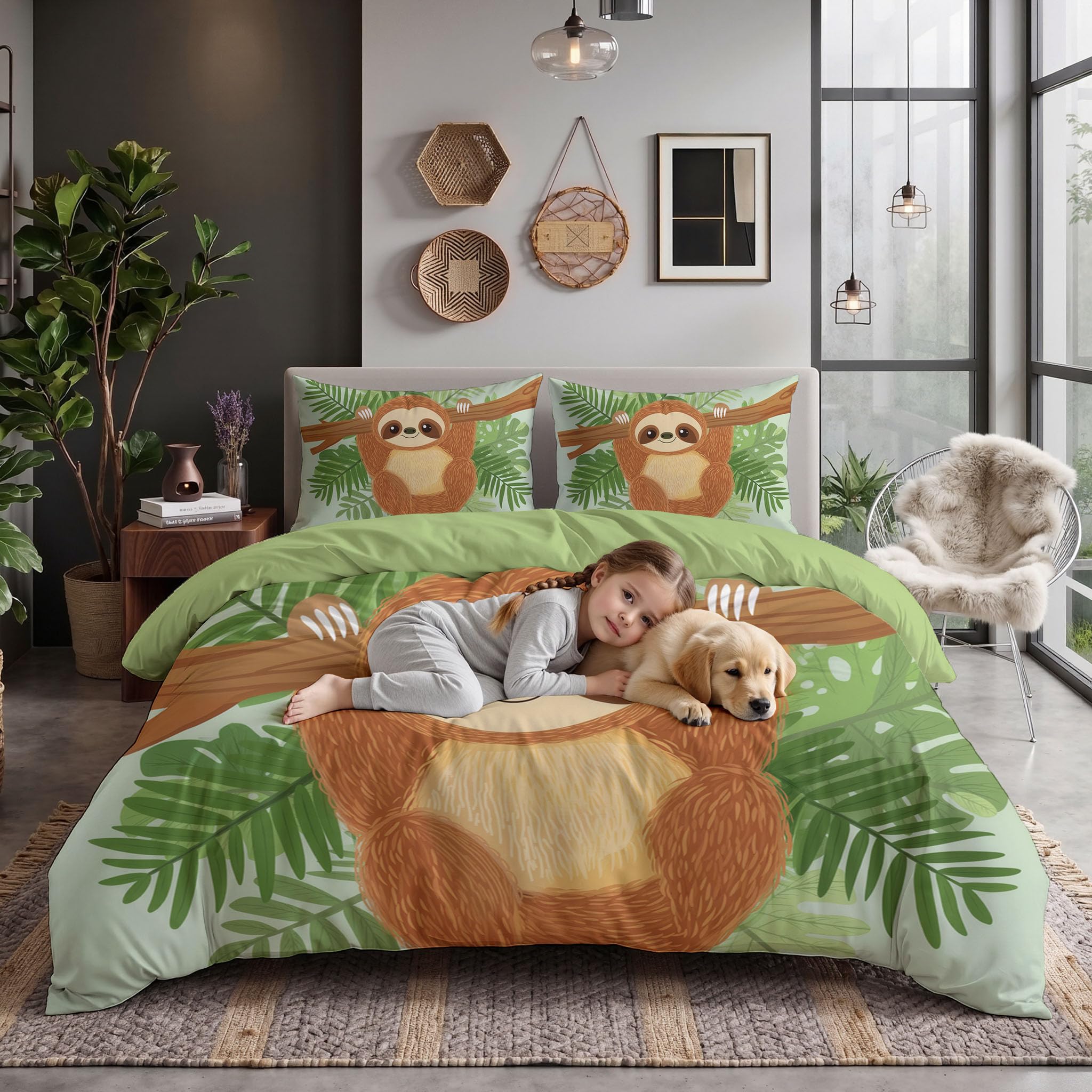 Parure de lit animaux paresseux housse de couette 200x200 et taies