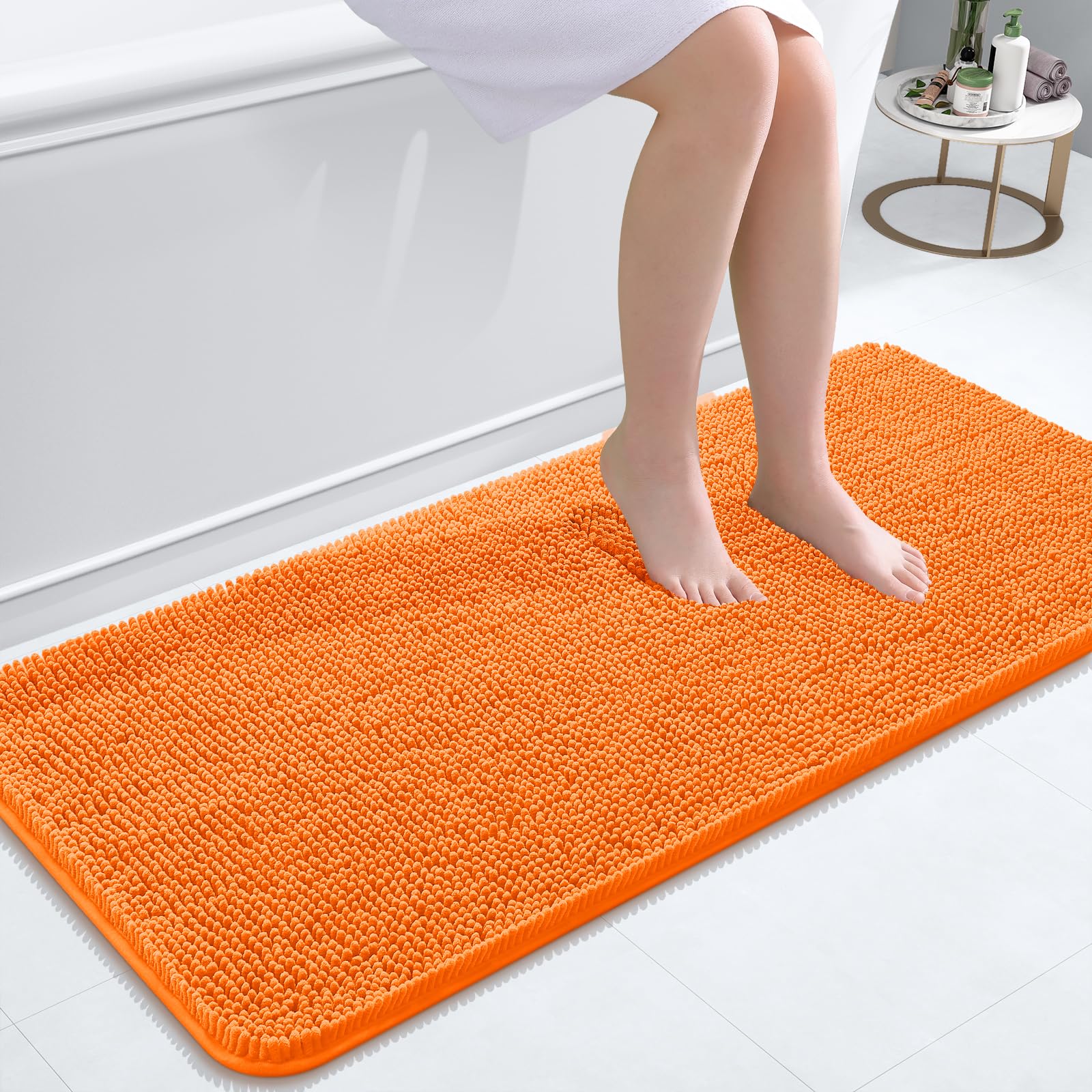 OLANLY Bathroom Runner Rugs 47x20, Extra Soft Absorbent Chenille Bath Rugs | Orange, Quick-Drying Rubber Backing, Washable Long Bath Mat for Bathroom Floor, Tub and Shower, Home Decor Accessories