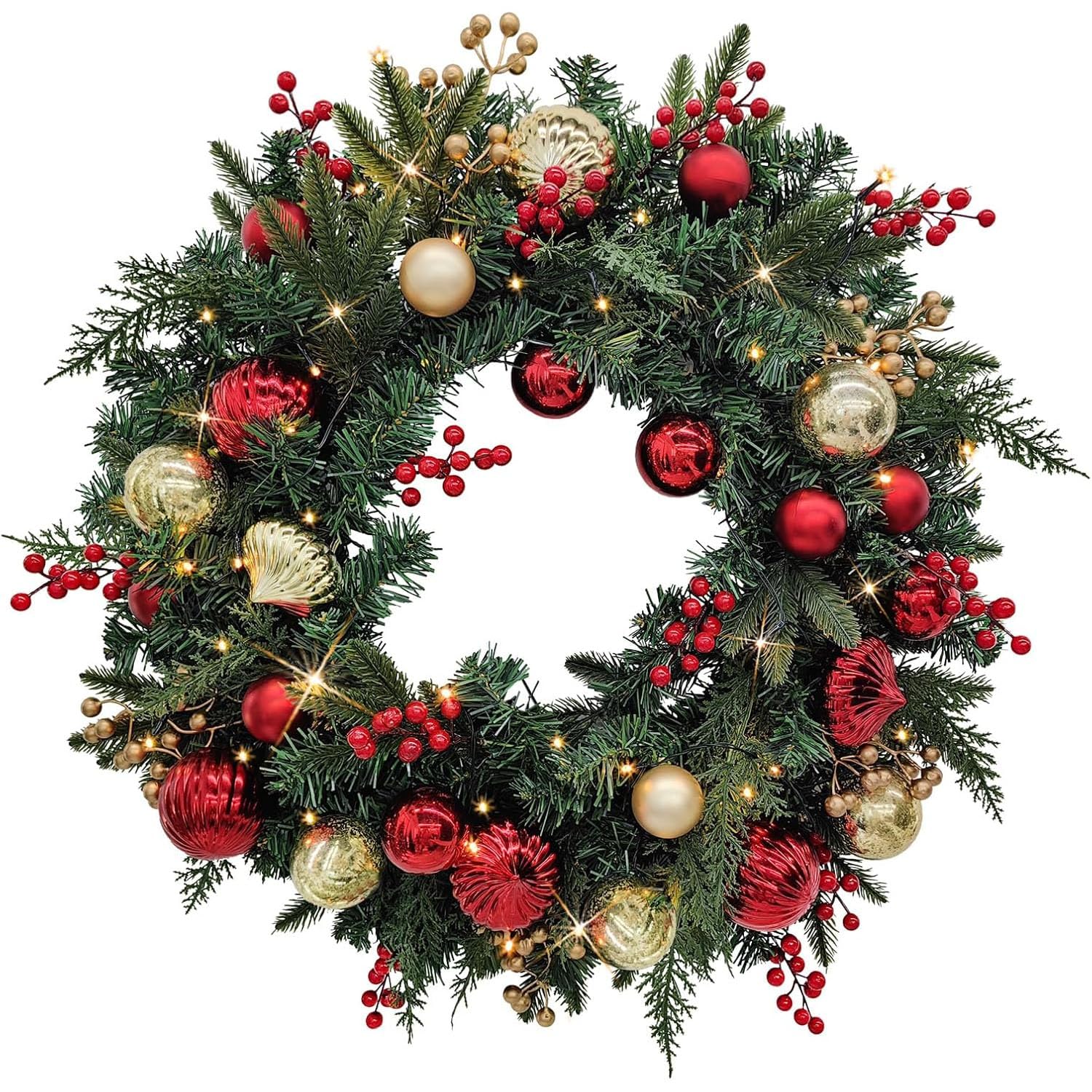60cm Light Up Artificial Holiday Door Wreath Classic Red and Gold Xmas Garland