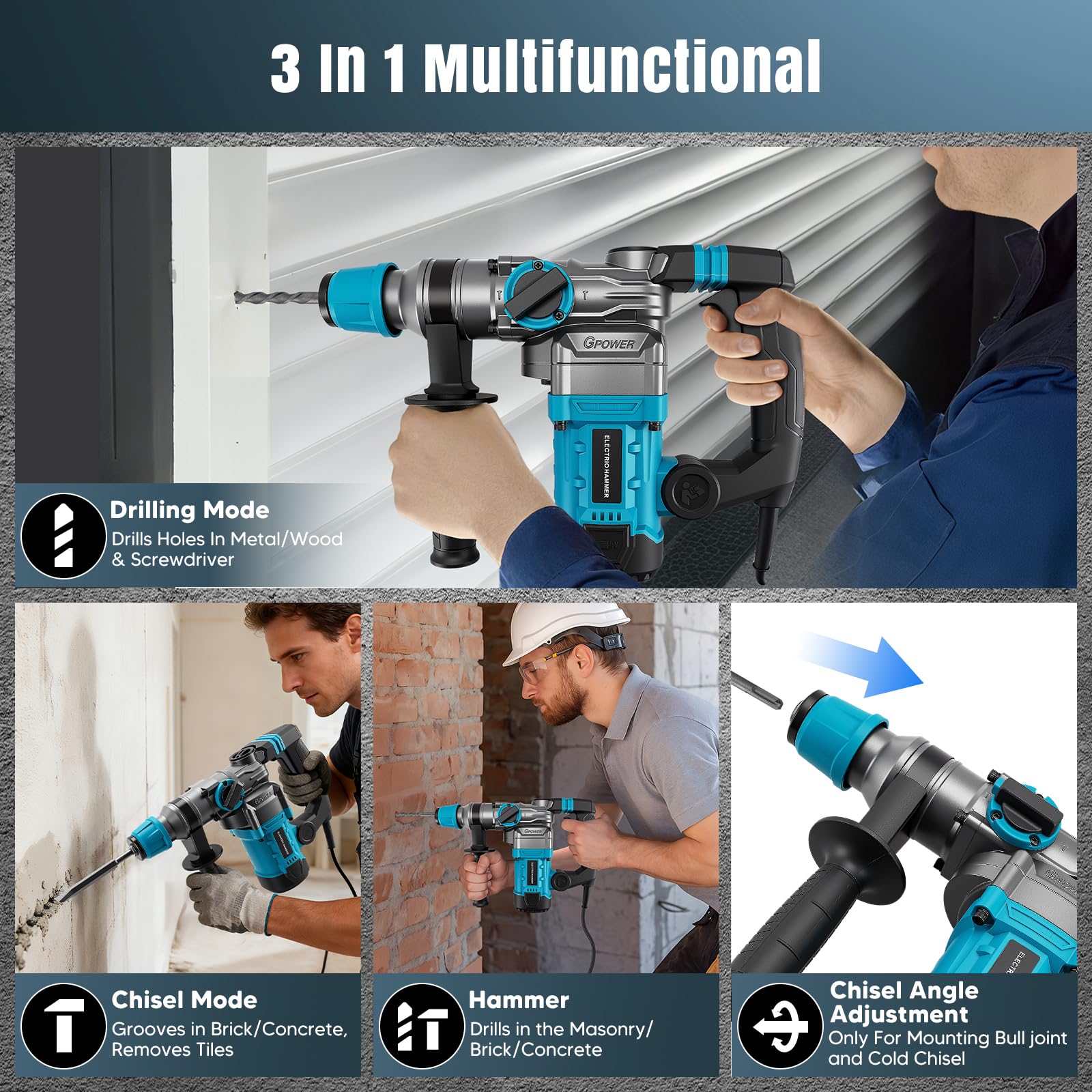 3 in 1 trapano a percussione,1500W martello demolitore,Martello demolitore da 12 J,con 6 punte e scalpelli,diametro di foratura 40 mm,demolitore elettrico giunto antivibrante e di sicurezza