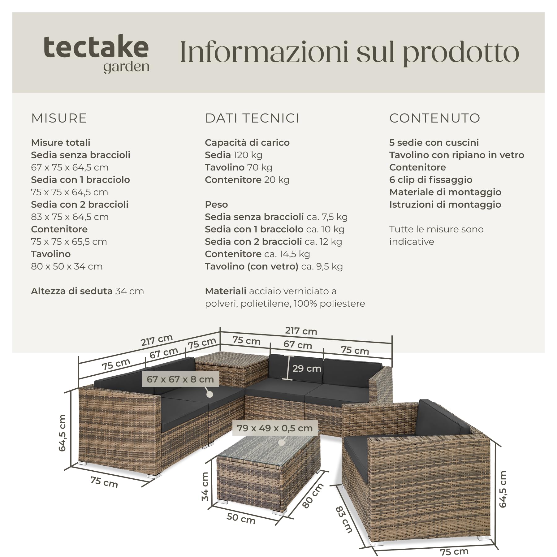 tectake® Salottino in Rattan XXL, Componibile, Contenitore Custodia, Poltrona Giardino, Set Balcone, Tavolo Sedie Esterno, Design Accurato, Versatile, Confort Massimo, Facile Pulizia - Naturale