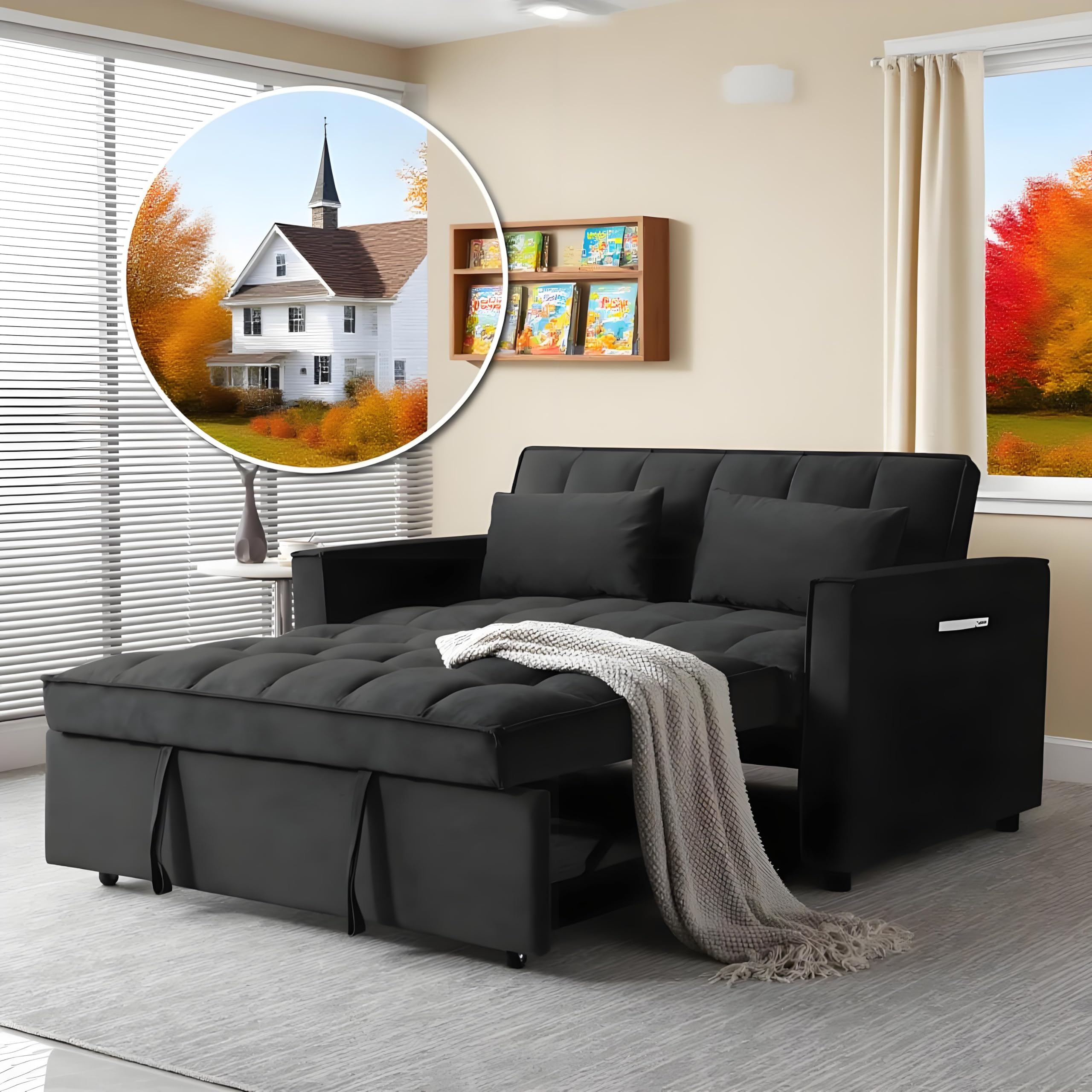 3-in-1 Convertible Sofa Bed, Pull-Out Sleeper Bed with Adjustable Backrest & Two Arm Storage Pocket, Velvet Futon Couches, Loveseat, Matte Black