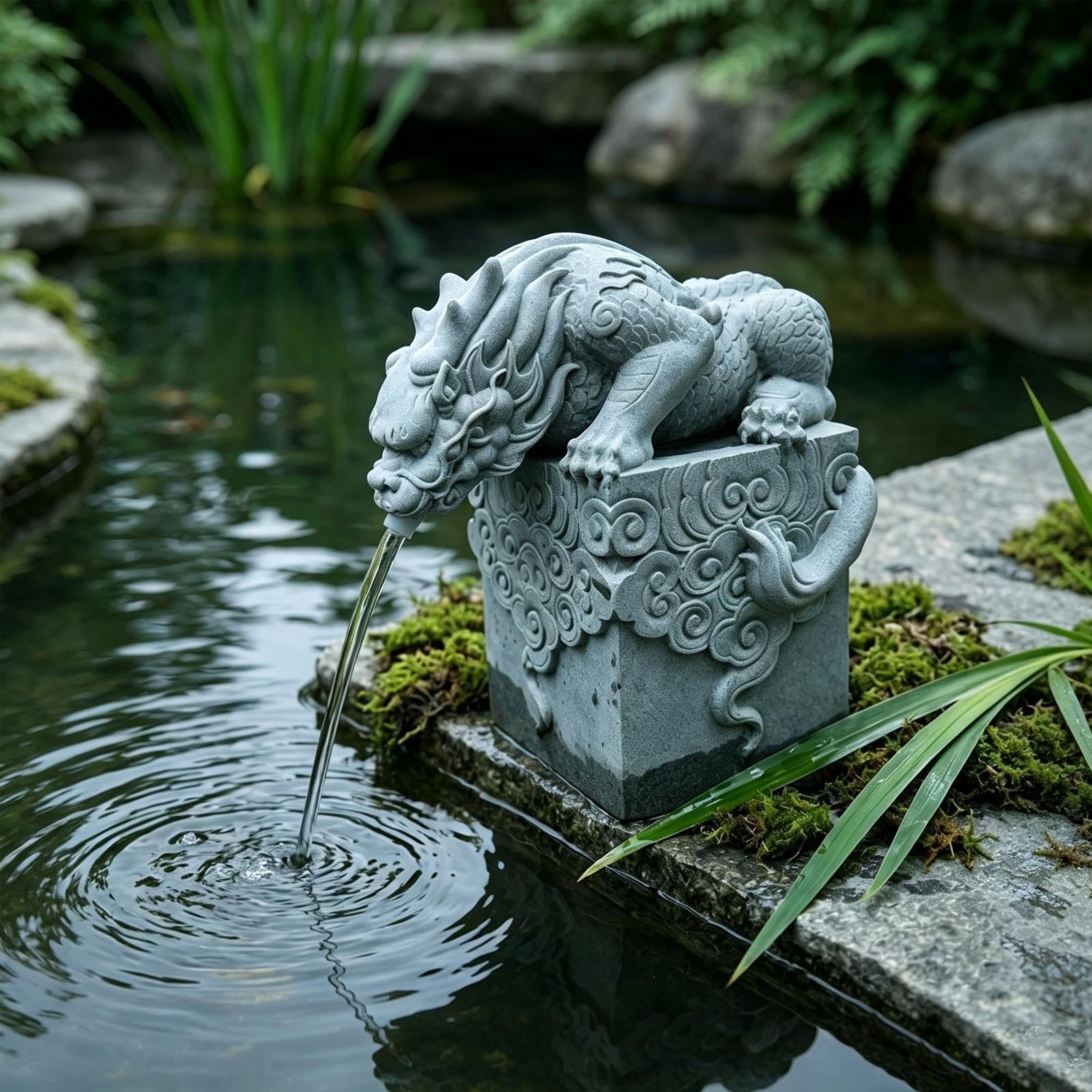 Cracheur de Fontaine D'étang de Bête Mythique, Cracheur D'étang en Grès Vert for Petits Étangs, Ornement de Débit d'eau for Décoration de Jardin de Patio et D'arrière-Cour(L)