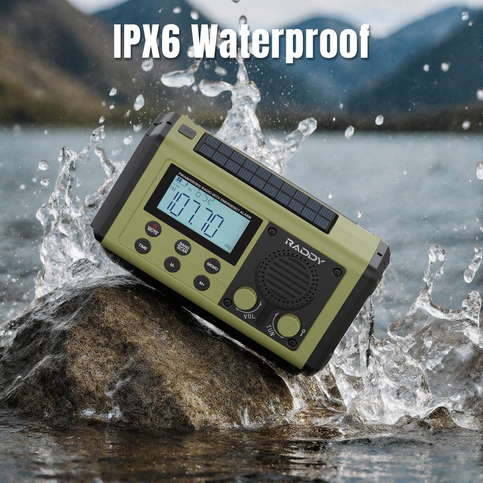 Raddy SH-908 Radio à manivelle IPX6, Radio d'urgence AM/FM/SW avec Solaire & USB, Lampe Torche/Lecture, SOS, Boussole, Chargeur de téléphone pour Camping & coupures de Courant 10 000 mAh, Vert